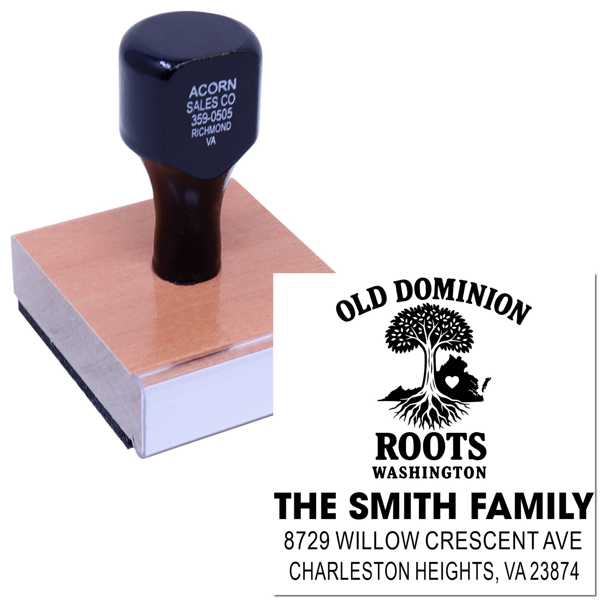 Custom rubber address stamp with wooden handle on white background, showing Old Dominion Roots family design and Smith family address imprint.