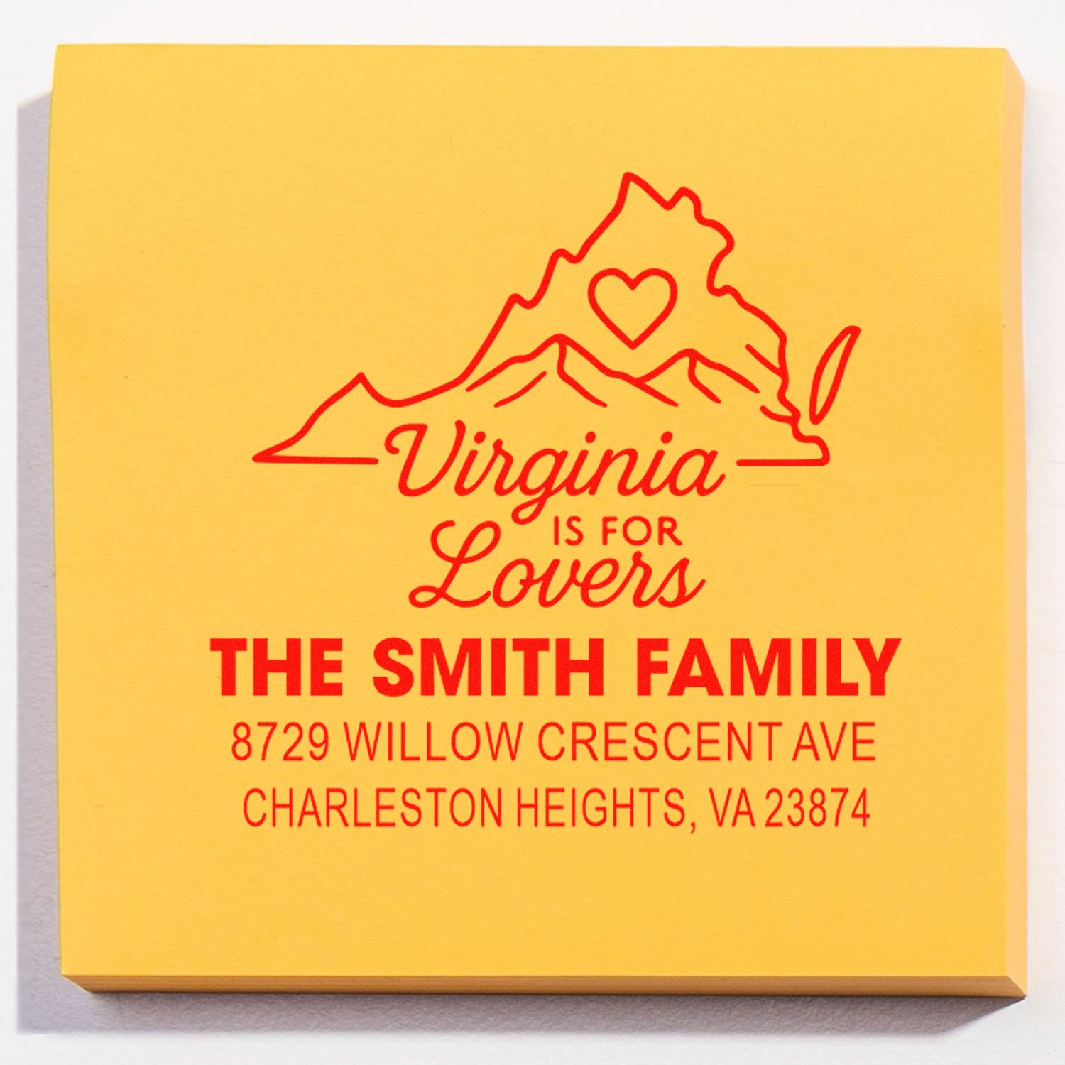 Custom Virginia is for Lovers address stamp for The Smith Family, yellow stamp pad with red state outline, heart, and return address.