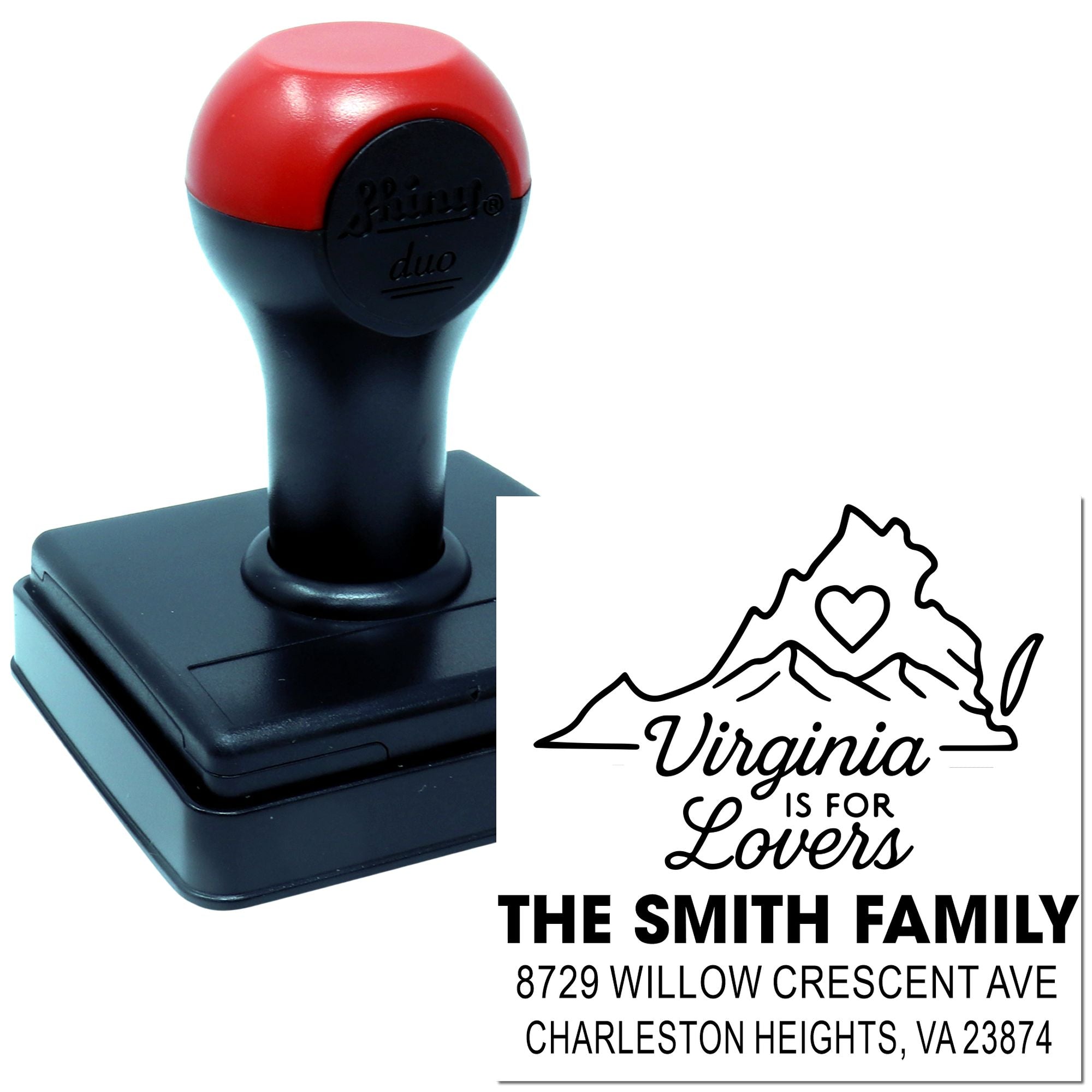 Custom self-inking rubber stamp with Virginia is for Lovers design, The Smith Family name, and Charleston Heights, VA address on white background.