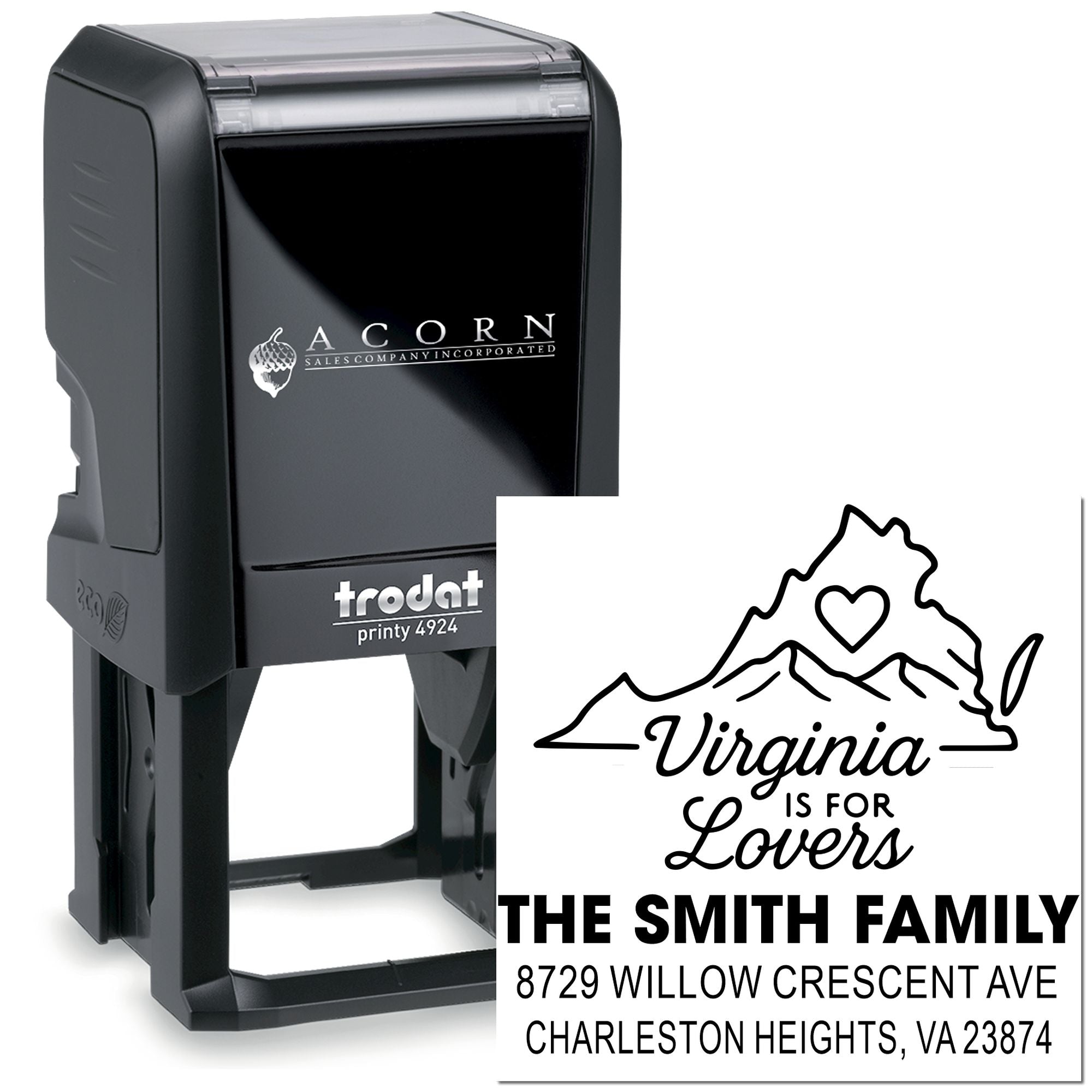 Custom self-inking Trodat stamp with Virginia is for Lovers design and The Smith Family address, shown in a black Acorn Sales stamp case.