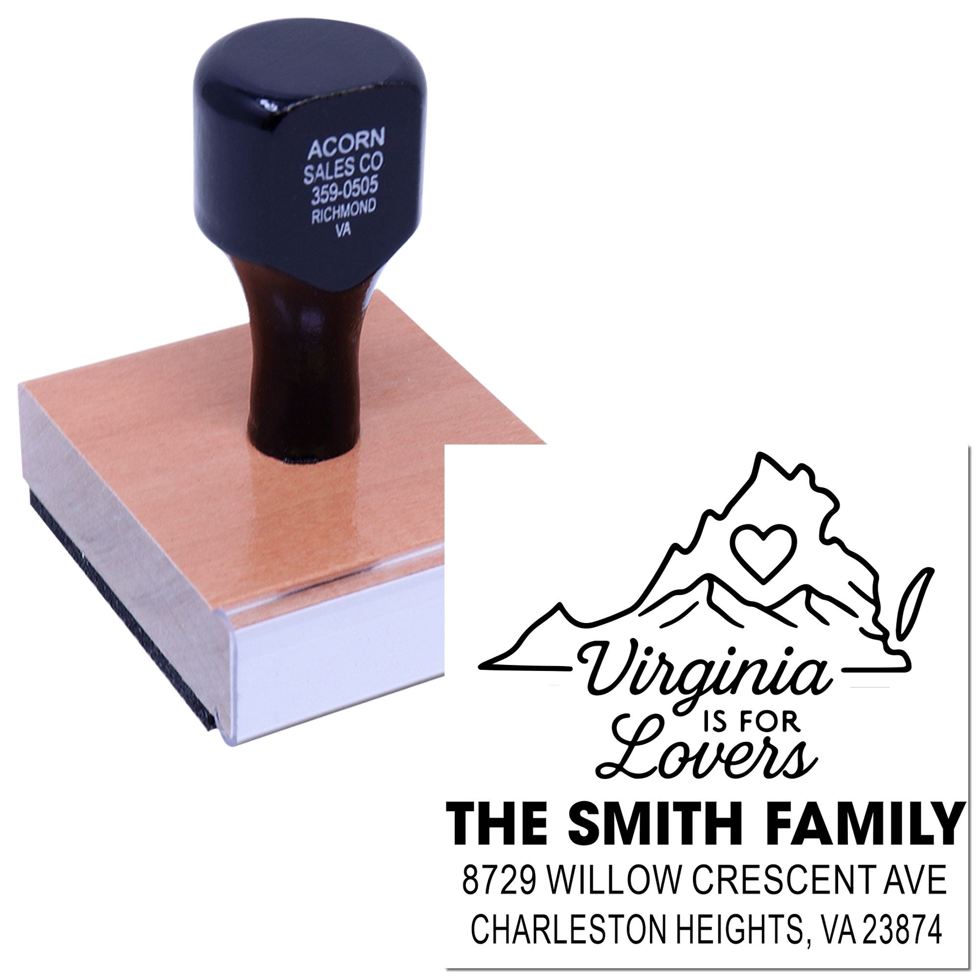 Custom Virginia return address rubber stamp on wooden block, featuring a state outline with heart and personalized family name and address.