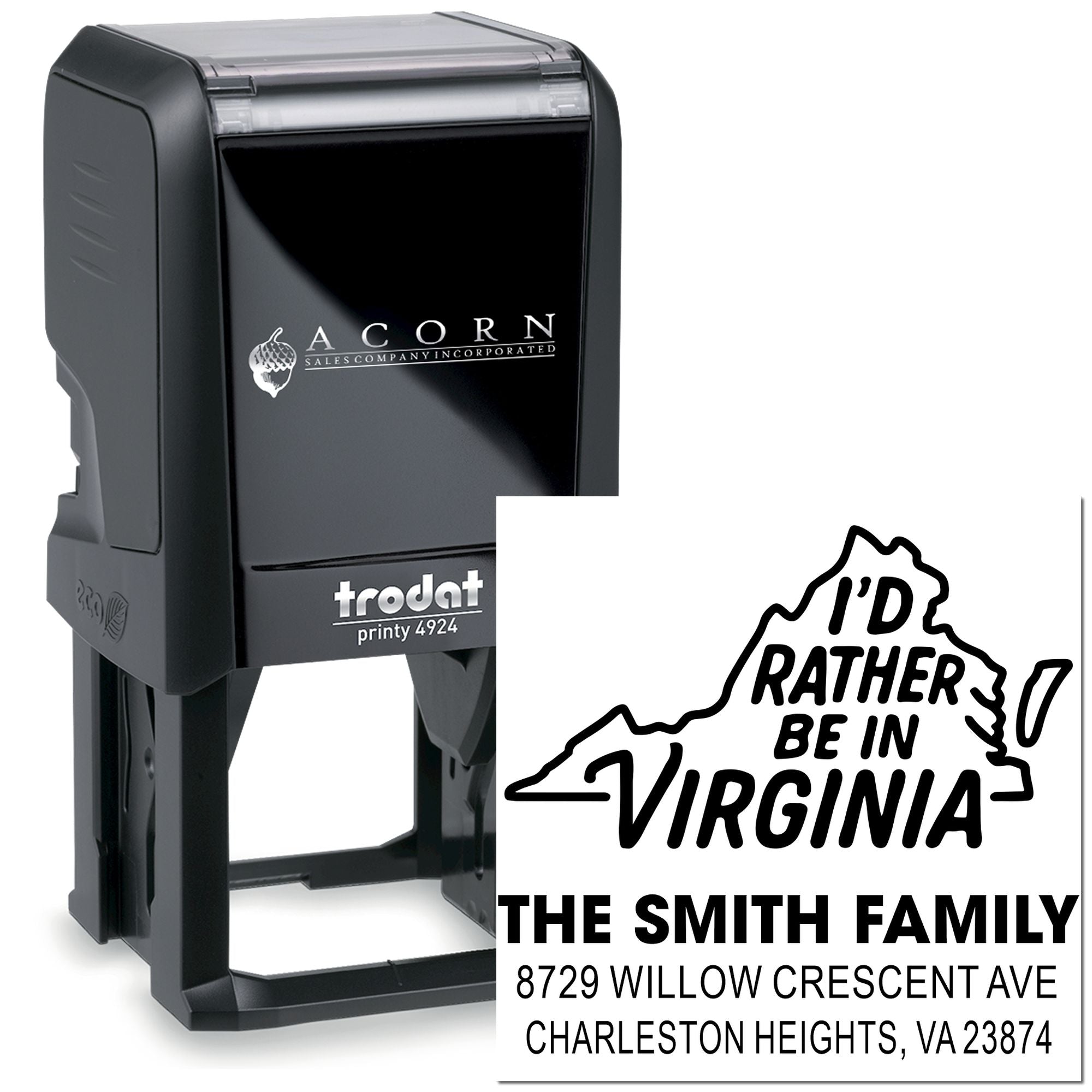 Trodat self-inking custom address stamp with Virginia state outline and Id Rather Be in Virginia text on a white background.