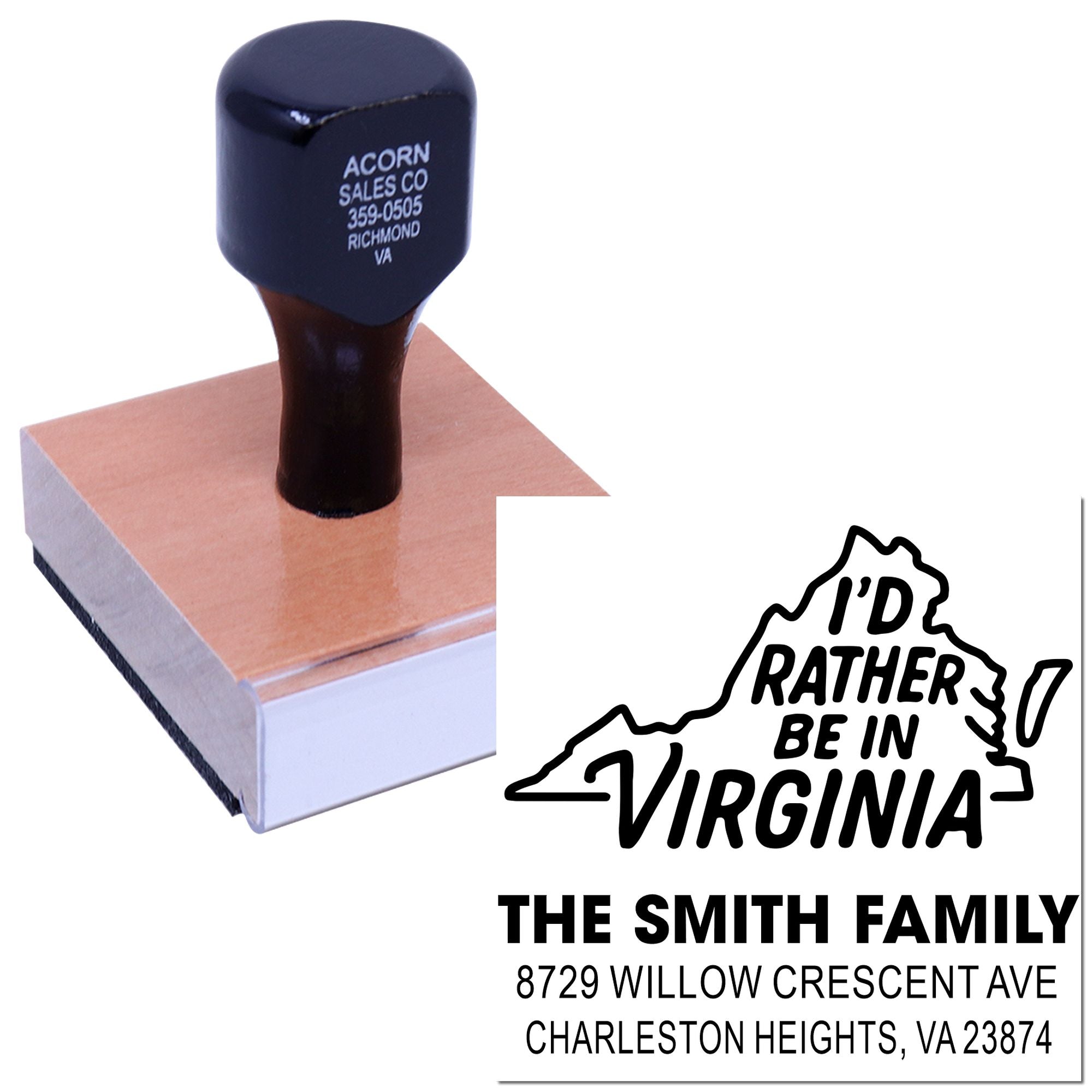 Custom rubber address stamp on white background, showing Id Rather Be in Virginia and The Smith Family return-address imprint.