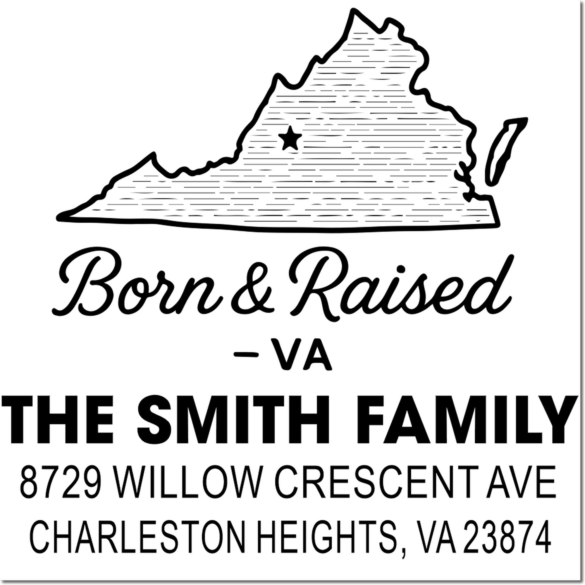 Custom Virginia return address stamp with state outline, Born & Raised, The Smith Family, and Charlottesville, VA 23874.