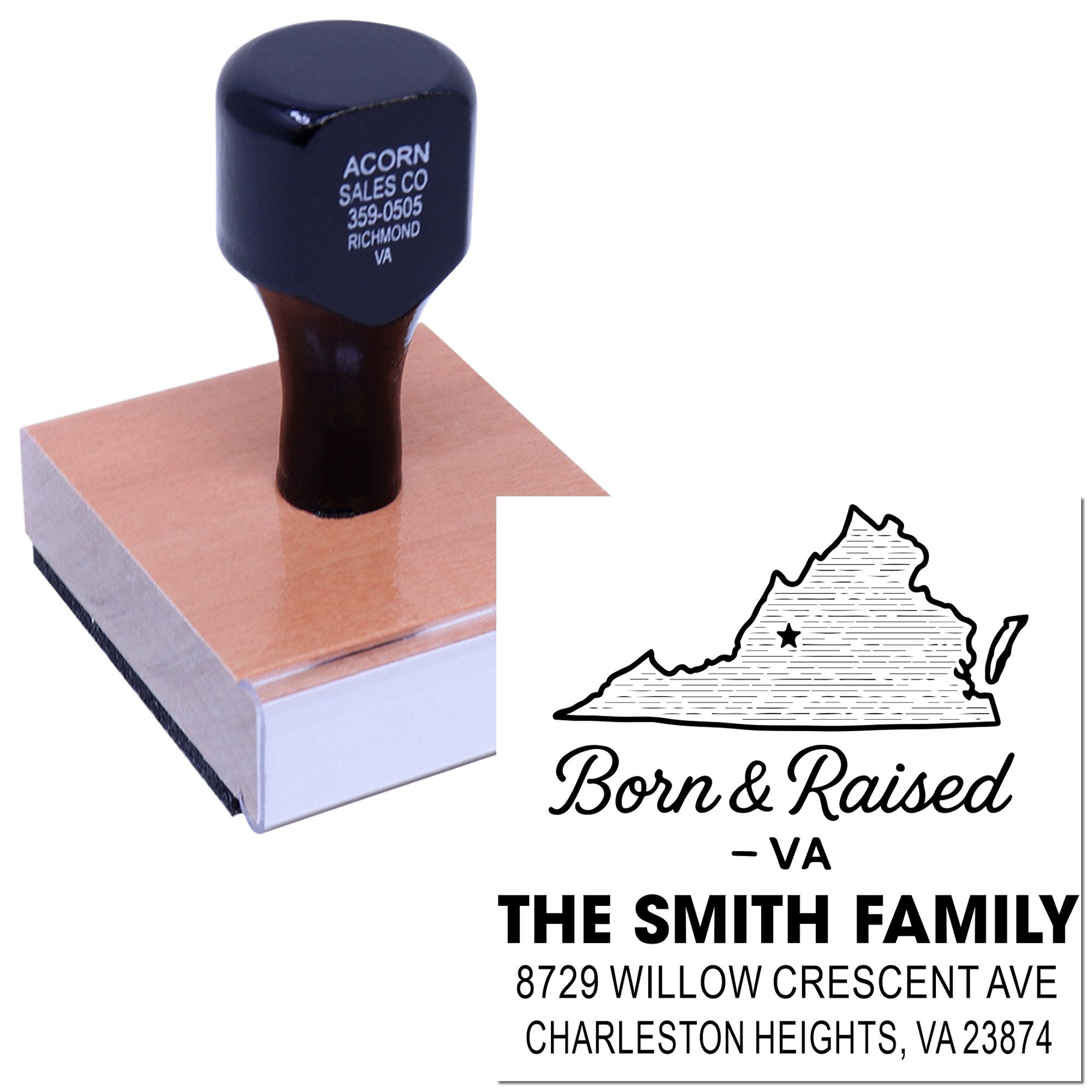Custom rubber address stamp on a wooden block, showing a Virginia Born & Raised family return address imprint on a white background.