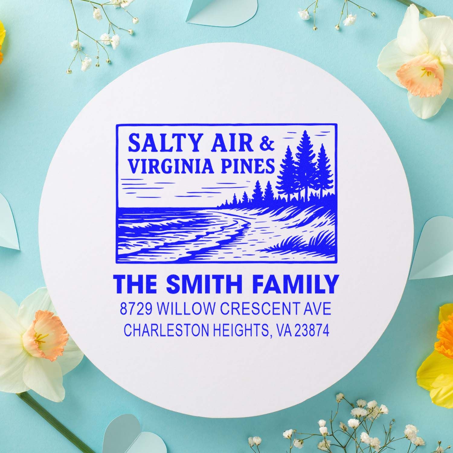 Custom self-inking address stamp with Salty Air & Virginia Pines design, personalized for The Smith Family, on a pastel floral background.