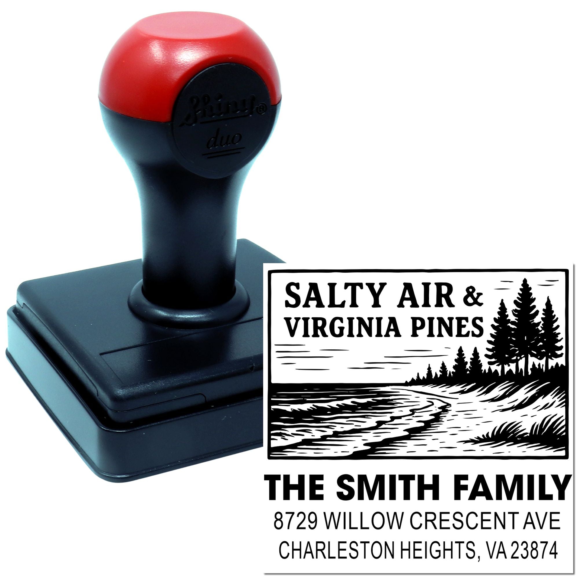 Custom self-inking address stamp with Salty Air & Virginia Pines design, featuring The Smith Family name and Charleston Heights, VA address.