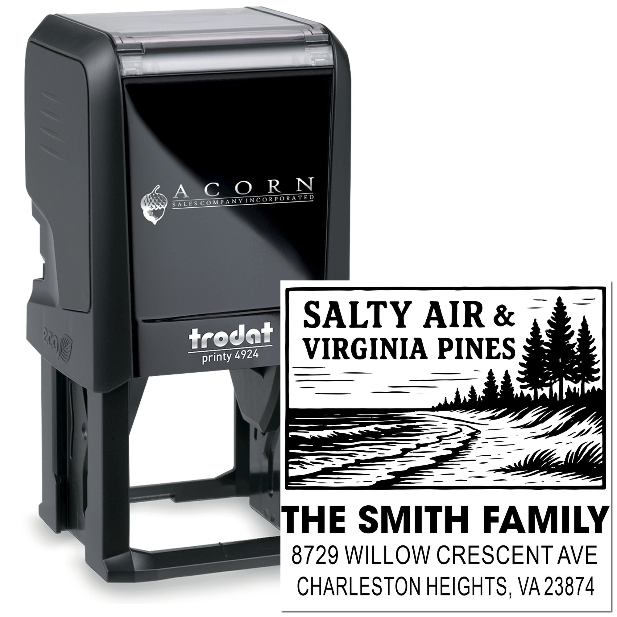 Custom self-inking Trodat address stamp with Salty Air & Virginia Pines design, trees, shoreline, and The Smith Family name.