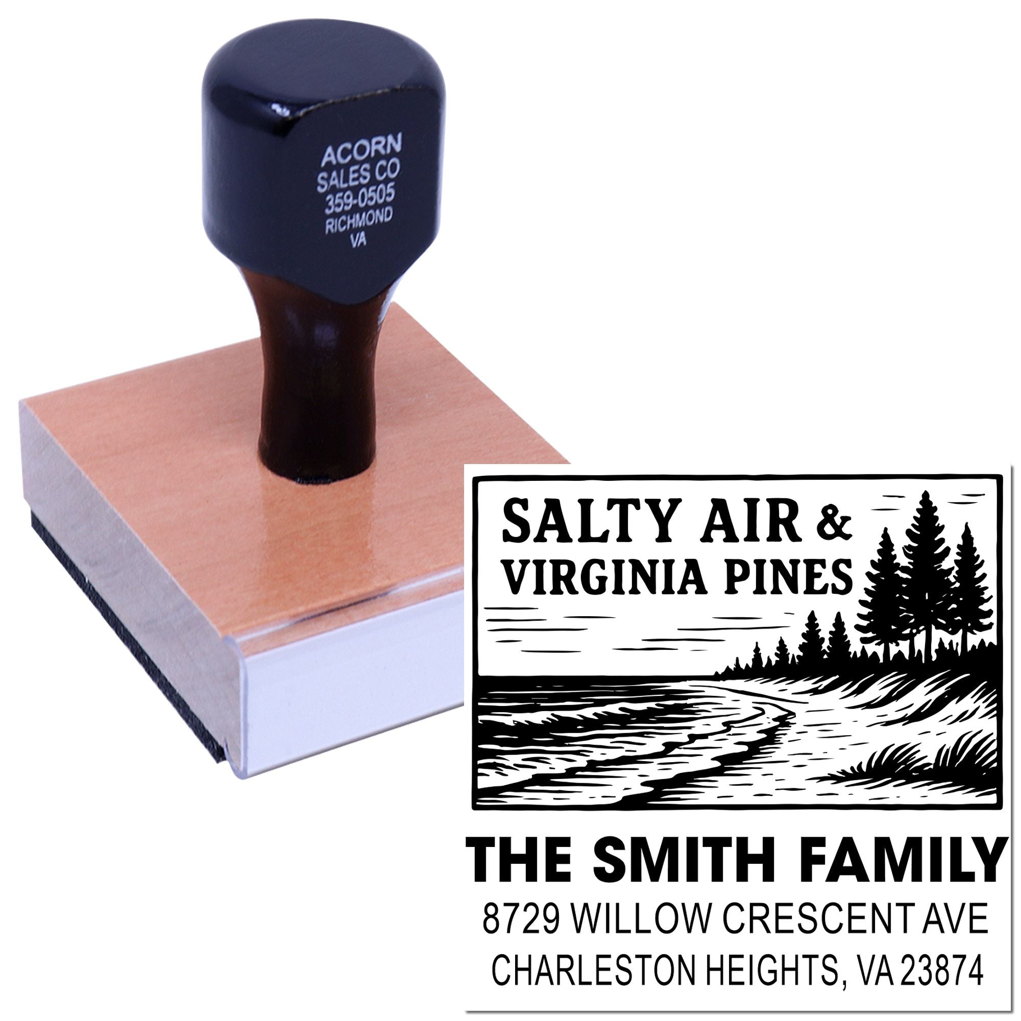 Custom rubber stamp with wooden handle, showing a Salty Air & Virginia Pines family address design and pine tree scene on a white background.