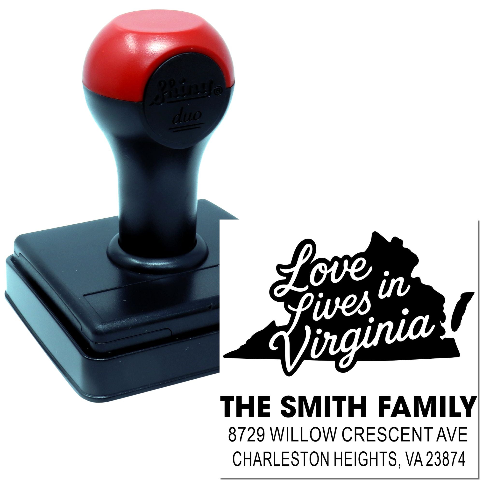 Custom self-inking stamp with red handle and black base, featuring a Love Lives in Virginia design and The Smith Family address on a white background.