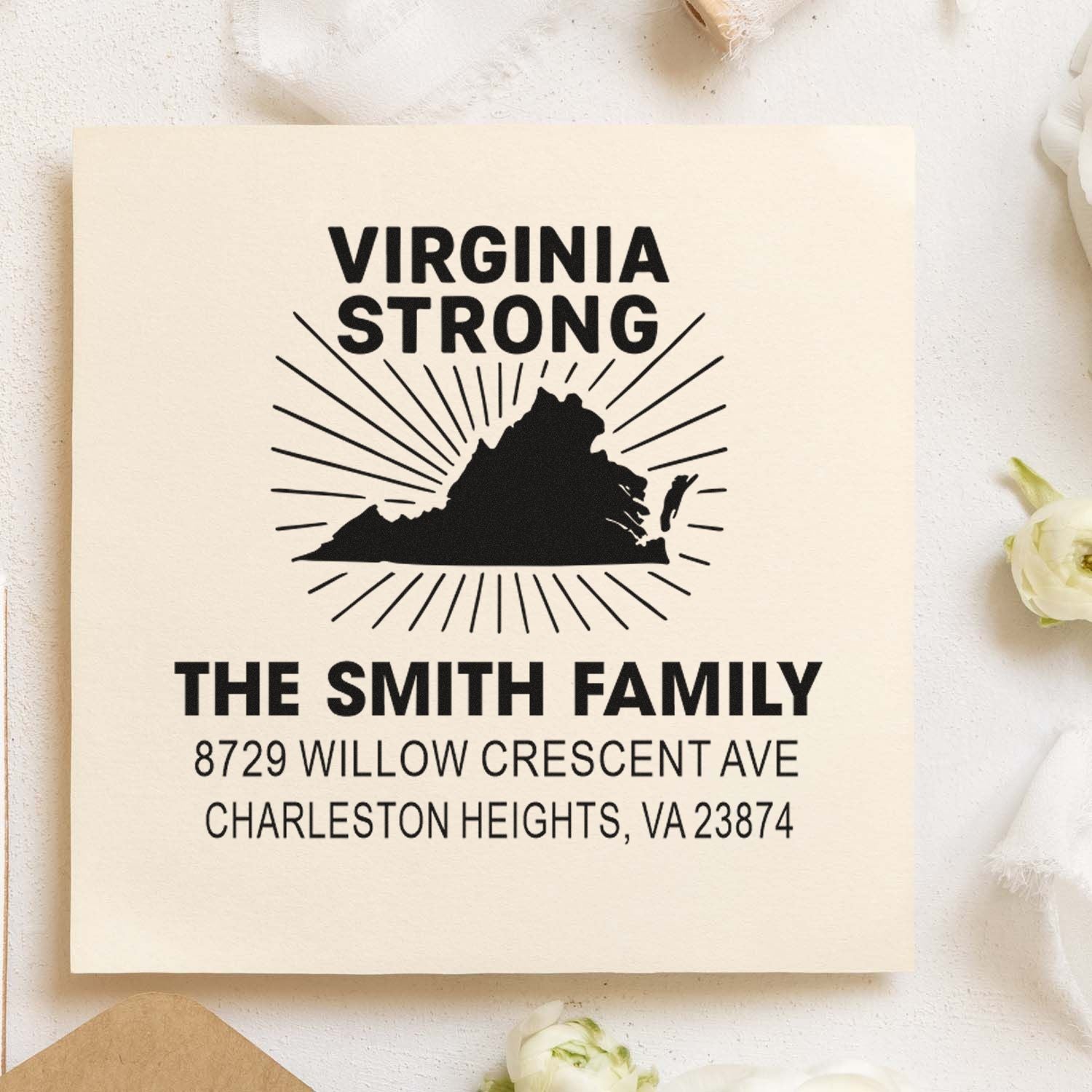 Personalized Virginia Strong family address stamp with Virginia silhouette, on cream card surrounded by soft floral decor.