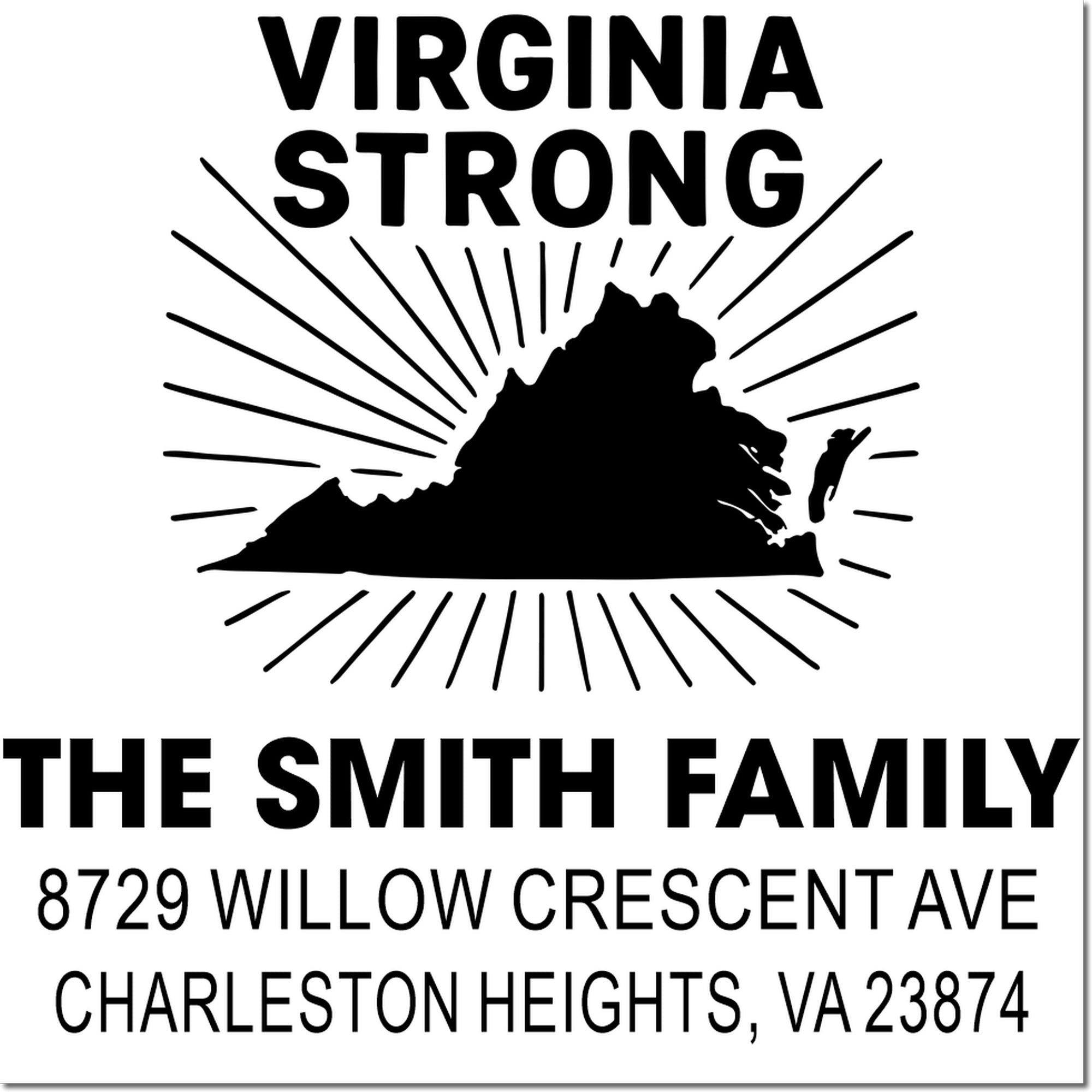 Custom Virginia Strong address stamp with state silhouette, radiating lines, and The Smith Family name and Charleston Heights, VA address.