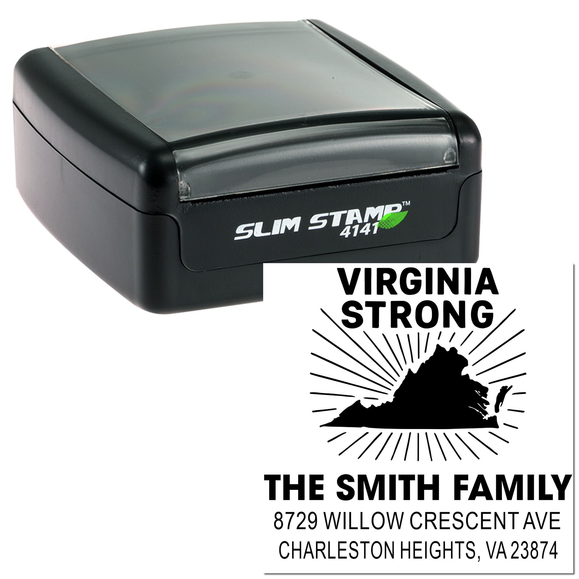 Custom self-inking address stamp with Virginia Strong design, showing Virginia silhouette and The Smith Family name on a white background.