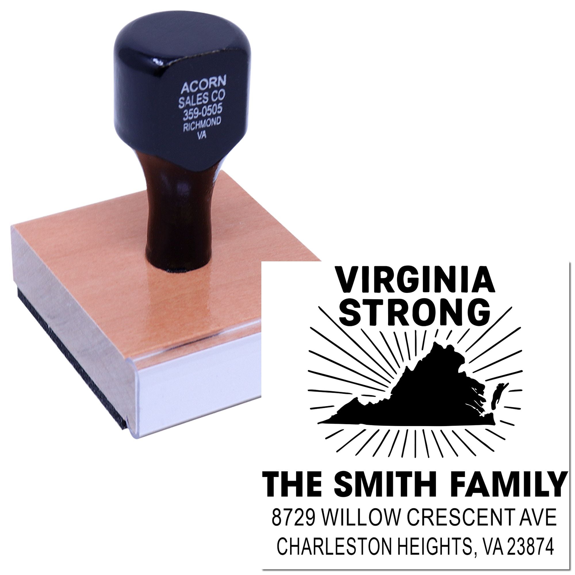Custom self-inking rubber address stamp on white background with Virginia Strong design, family name, address, and Virginia silhouette imprint.
