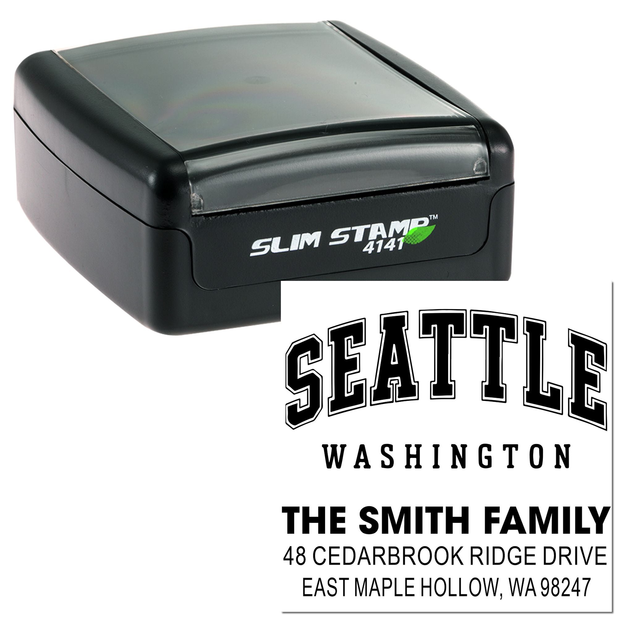 Slim Stamp 4141 self-inking address stamp with Seattle, Washington return address for The Smith Family on white background.
