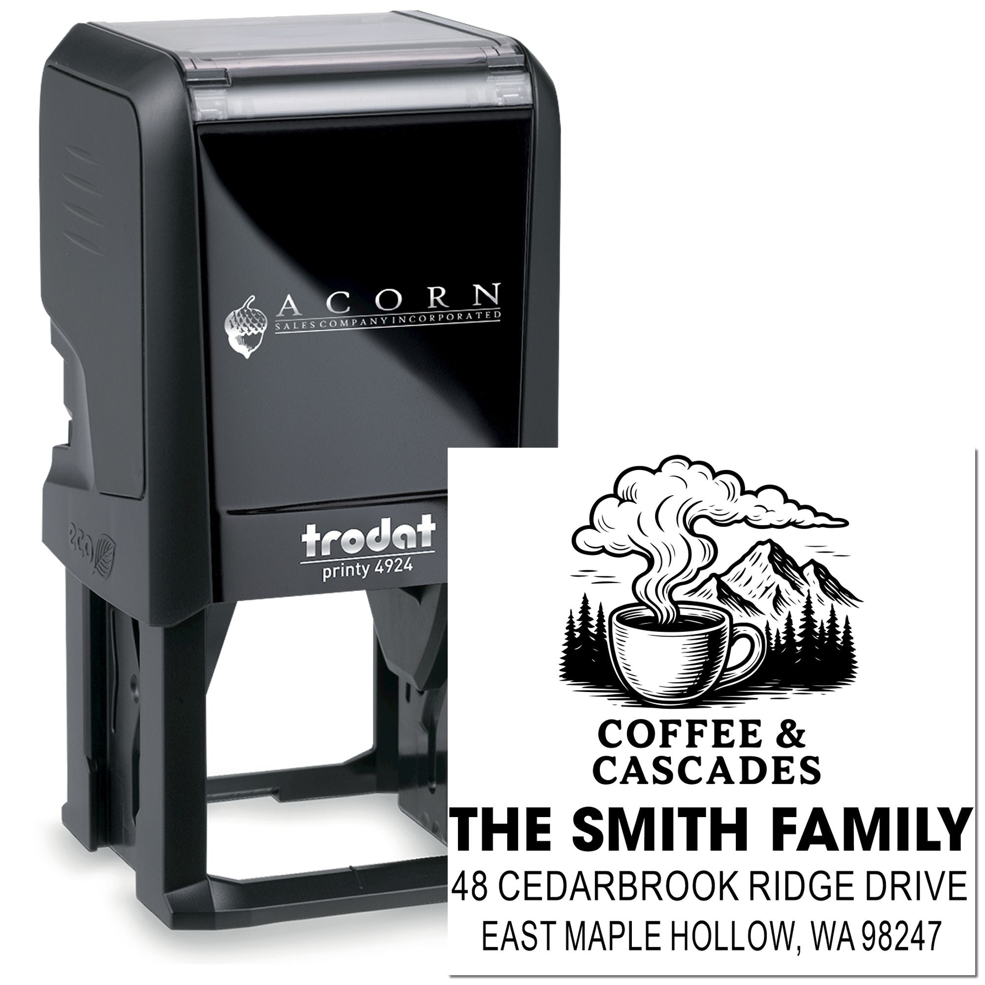 Custom self-inking Trodat address stamp with Coffee & Cascades logo and Smith family return address on a white background.