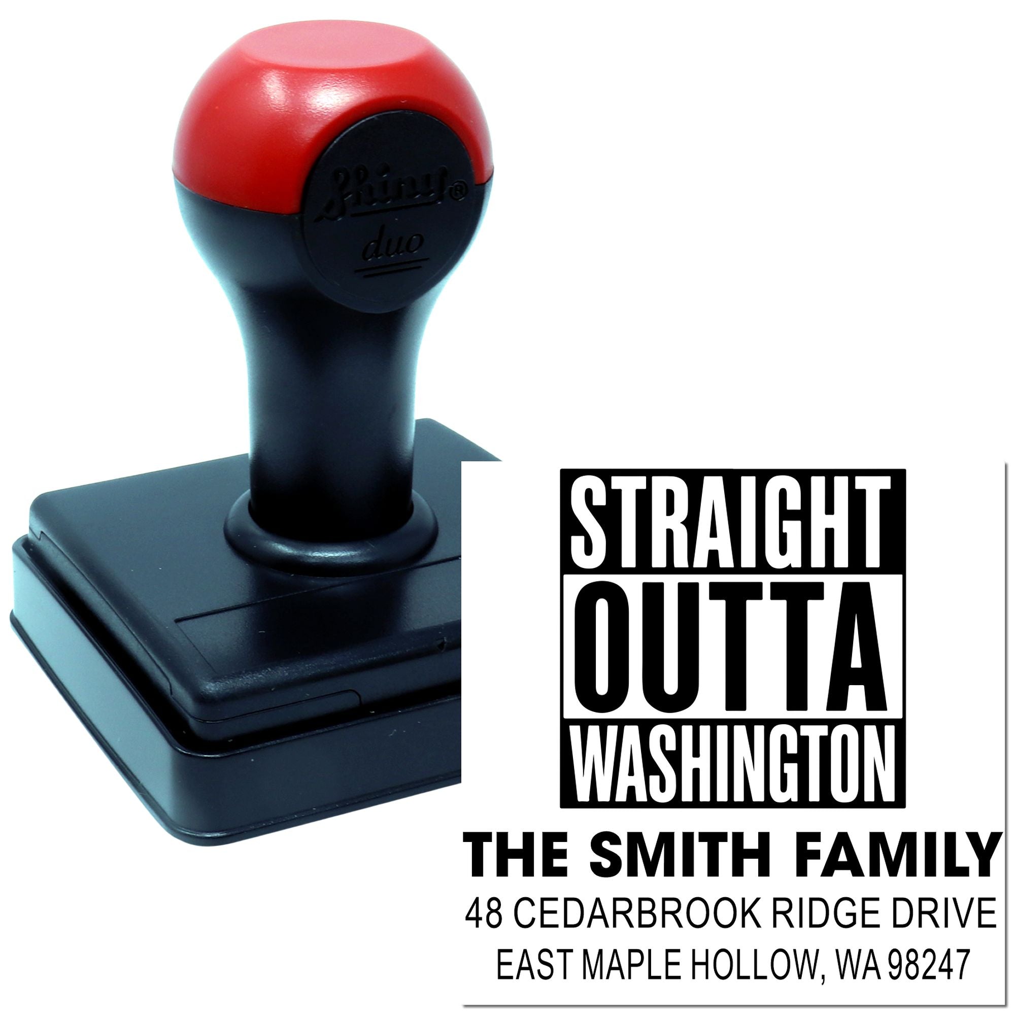 Custom self-inking address stamp with red-and-black handle, featuring Straight Outta Washington and The Smith Family address imprint.