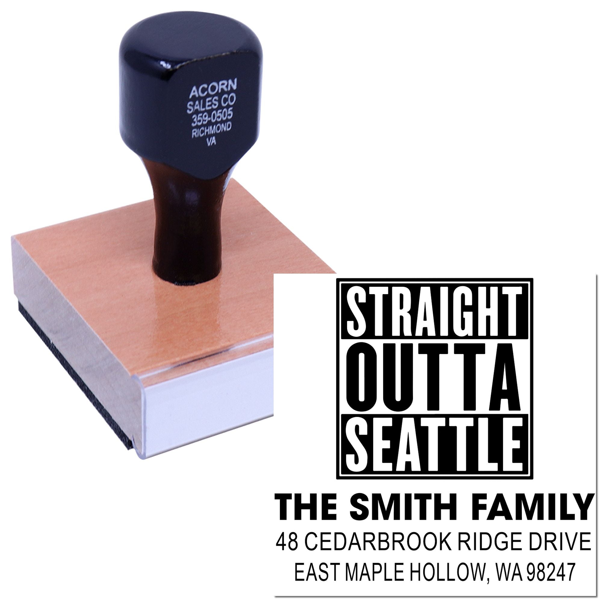 Custom self-inking address stamp with Straight Outta Seattle design, showing the stamp and sample imprint on a white background.