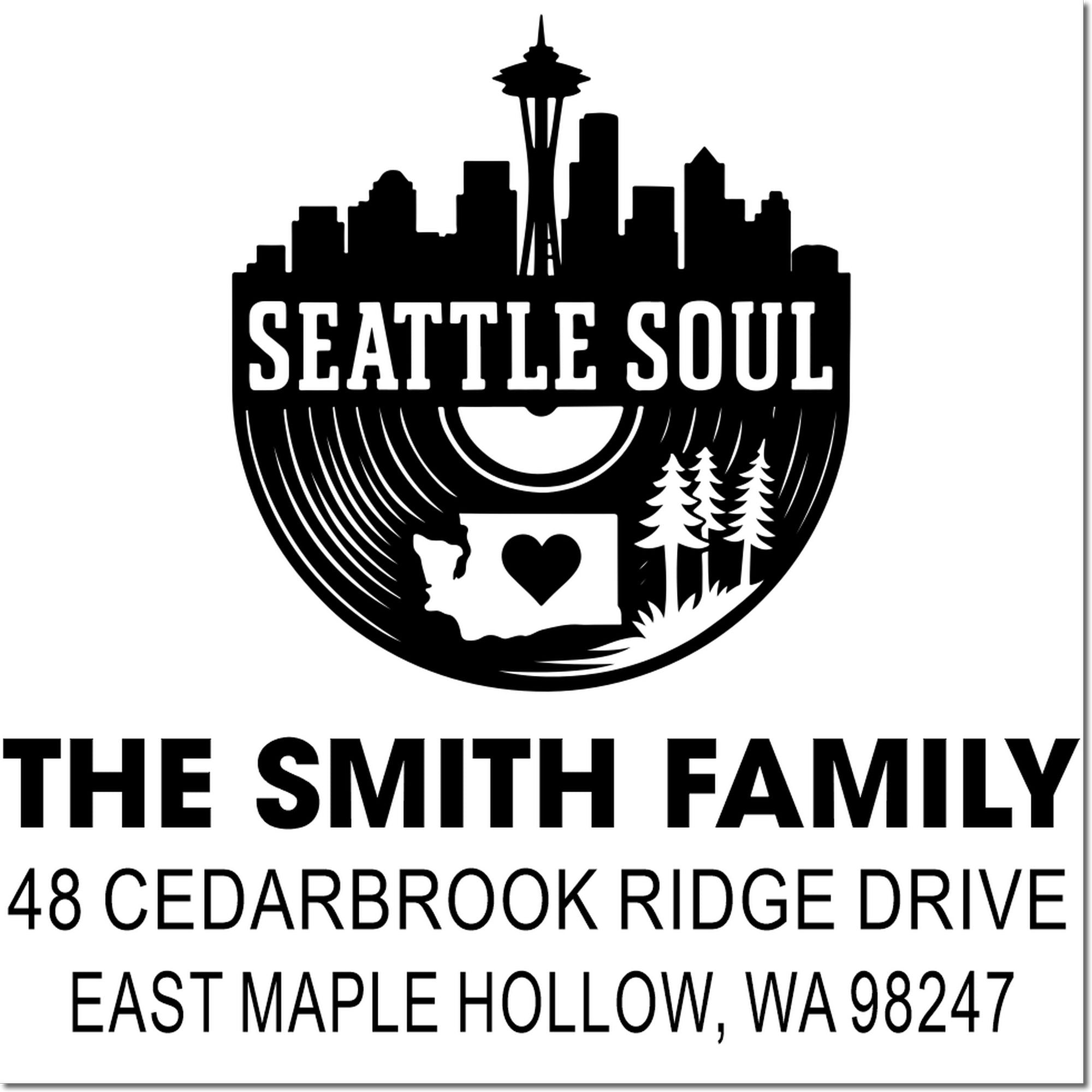 Custom Seattle Soul address stamp featuring skyline, Space Needle, Washington heart, and The Smith Family, East Maple Hollow, WA.