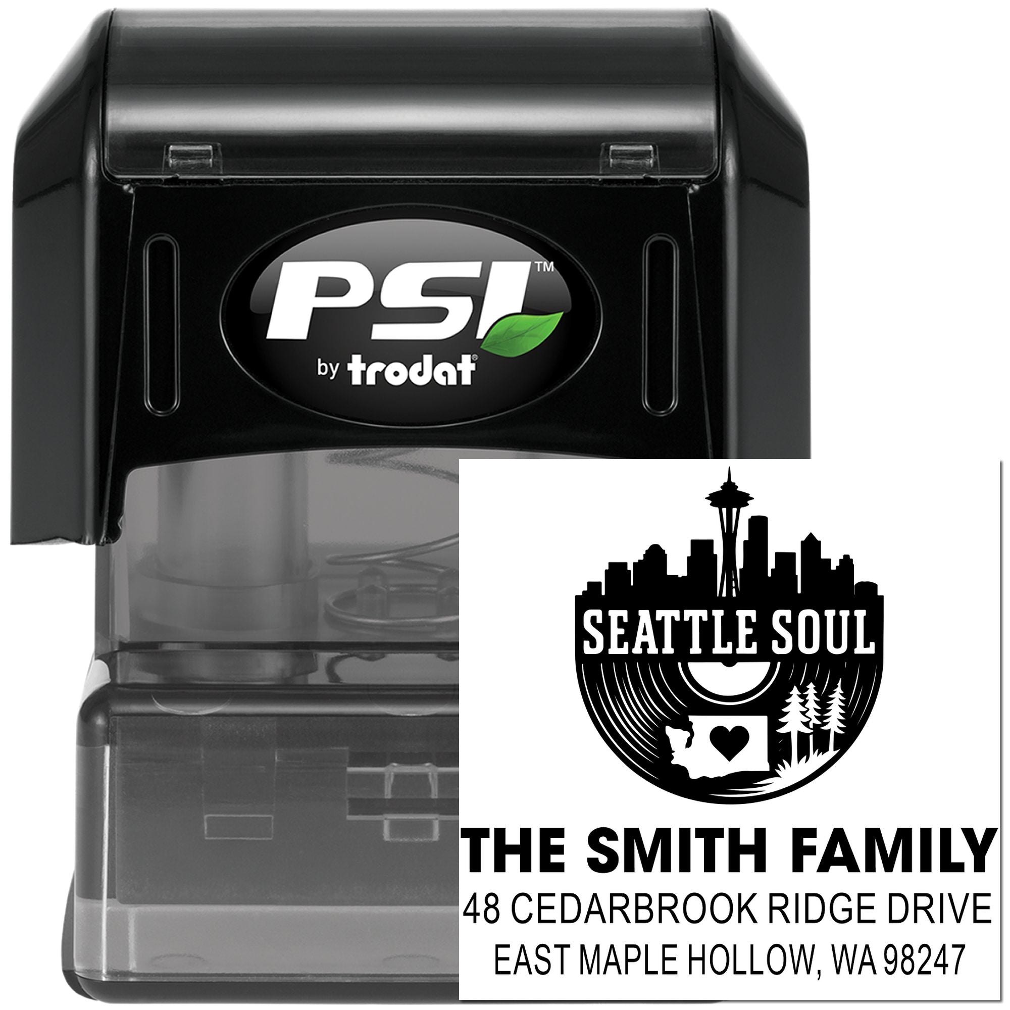 Custom PSI by Trodat self-inking address stamp with Seattle Soul skyline design, The Smith Family name, and address on black stamp case, white background.