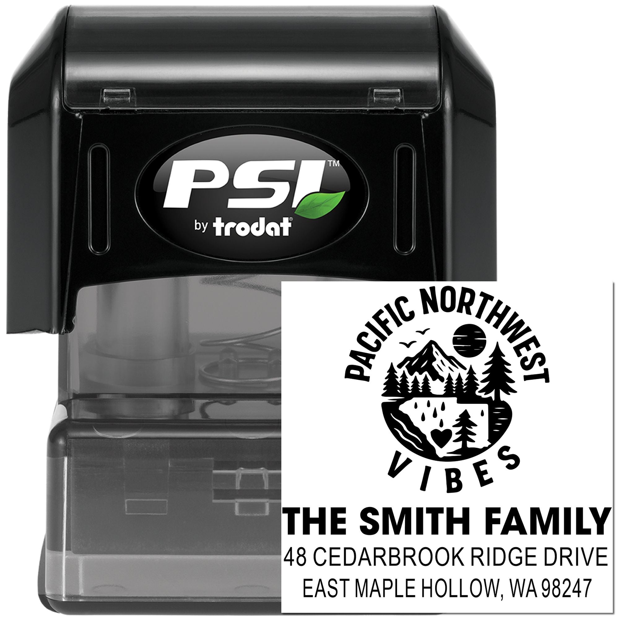 Black PSI by Trodat self-inking custom address stamp with Pacific Northwest Vibes design, mountain logo, and The Smith Family address imprint.
