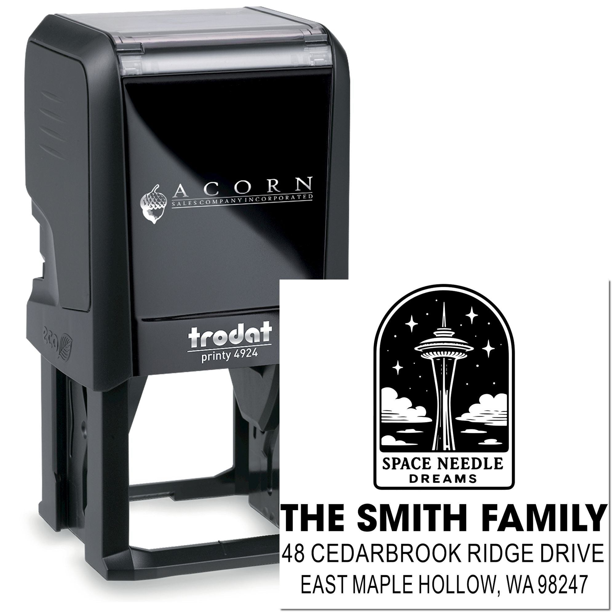 Custom self-inking stamp with Space Needle Dreams design and The Smith Family return address, shown beside a Trodat Printy 4924 stamp.