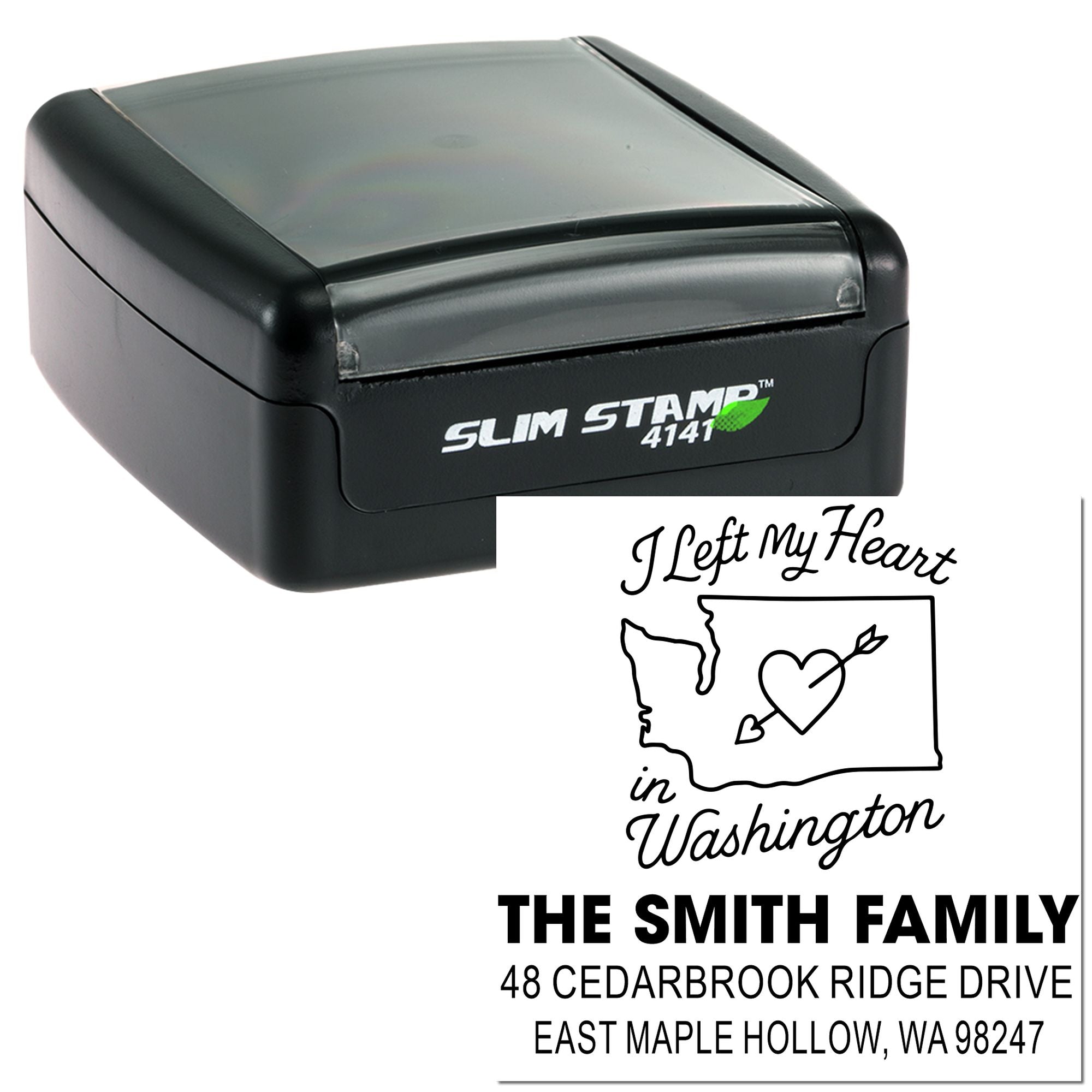 Custom self-inking address stamp, Slim Stamp 4141, with Washington heart design and Smith family imprint on white background.