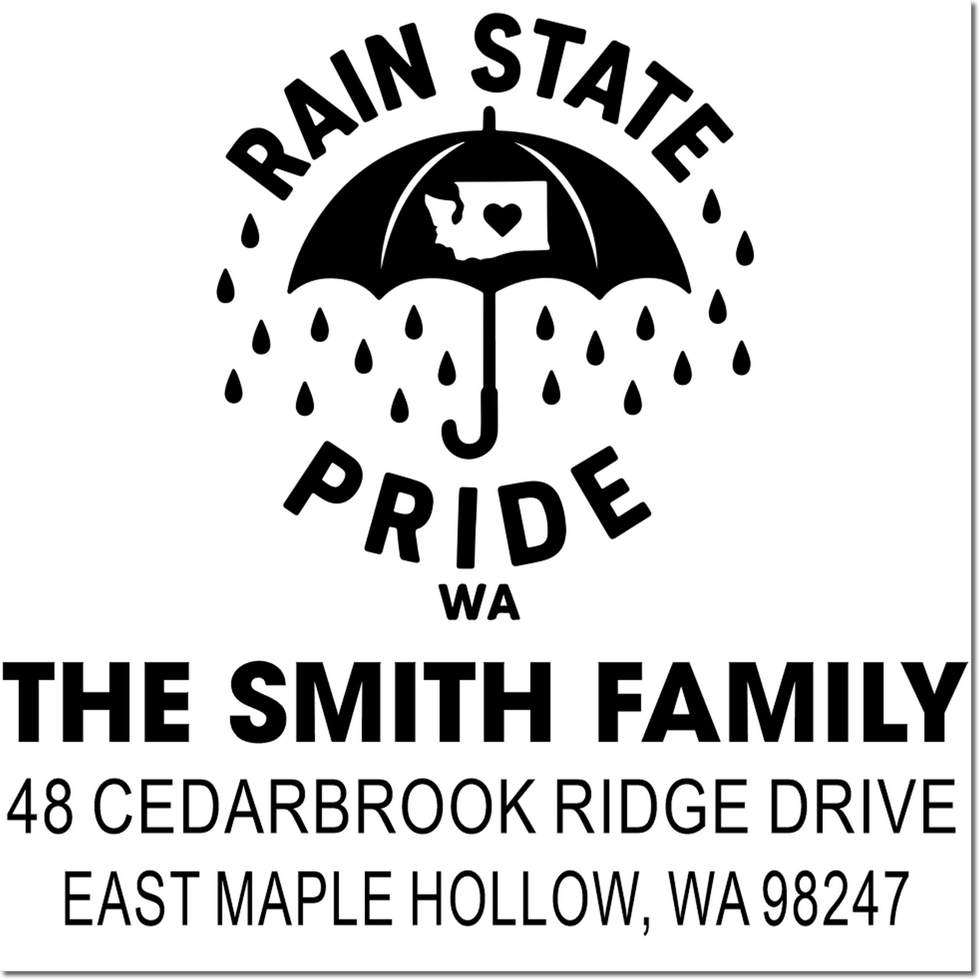 Custom Rain State Pride WA return address stamp with umbrella, raindrops, heart-shaped Washington icon, and The Smith Family mailing address.