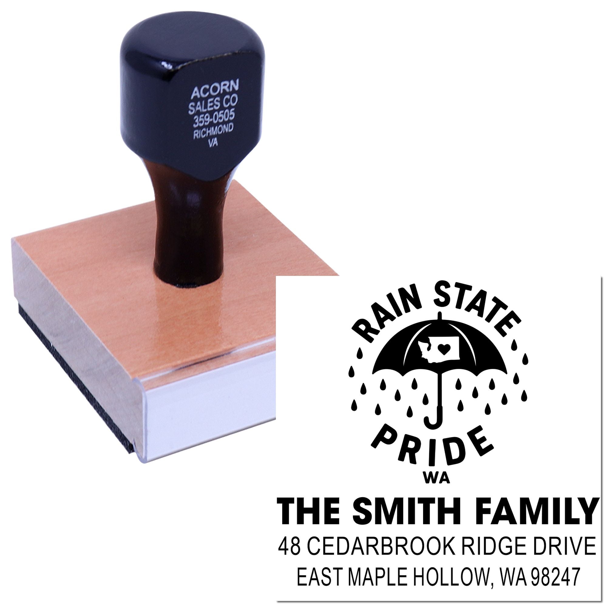Custom self-inking stamp featuring Rain State Pride umbrella logo and family address, shown on white background with imprint sample.