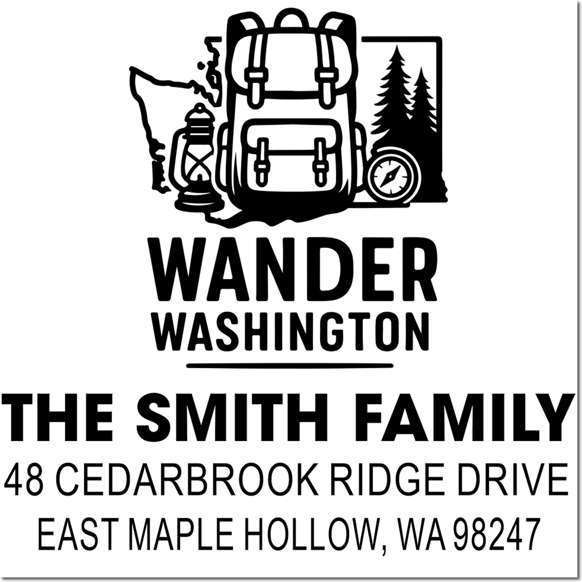 Custom Wander Washington address stamp with backpack, lantern, trees and compass, featuring The Smith Family and East Maple Hollow, WA 98247.