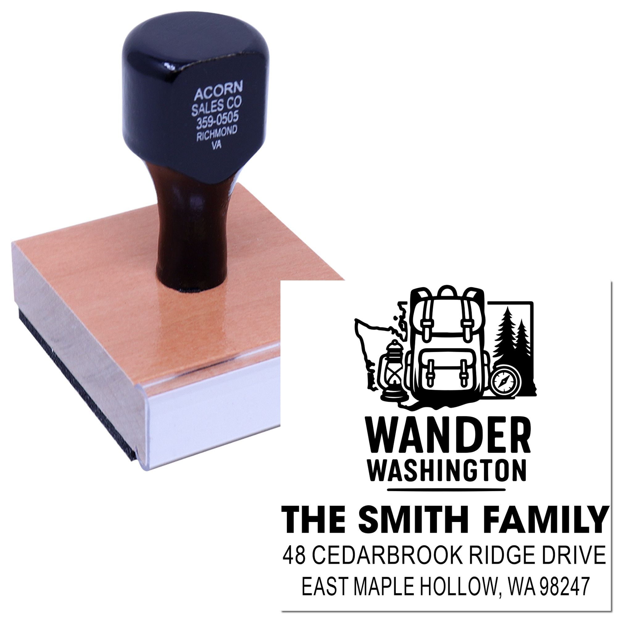 Custom self-inking rubber stamp on ink pad, featuring Wander Washington backpack logo and The Smith Family address imprint for mailing and branding.