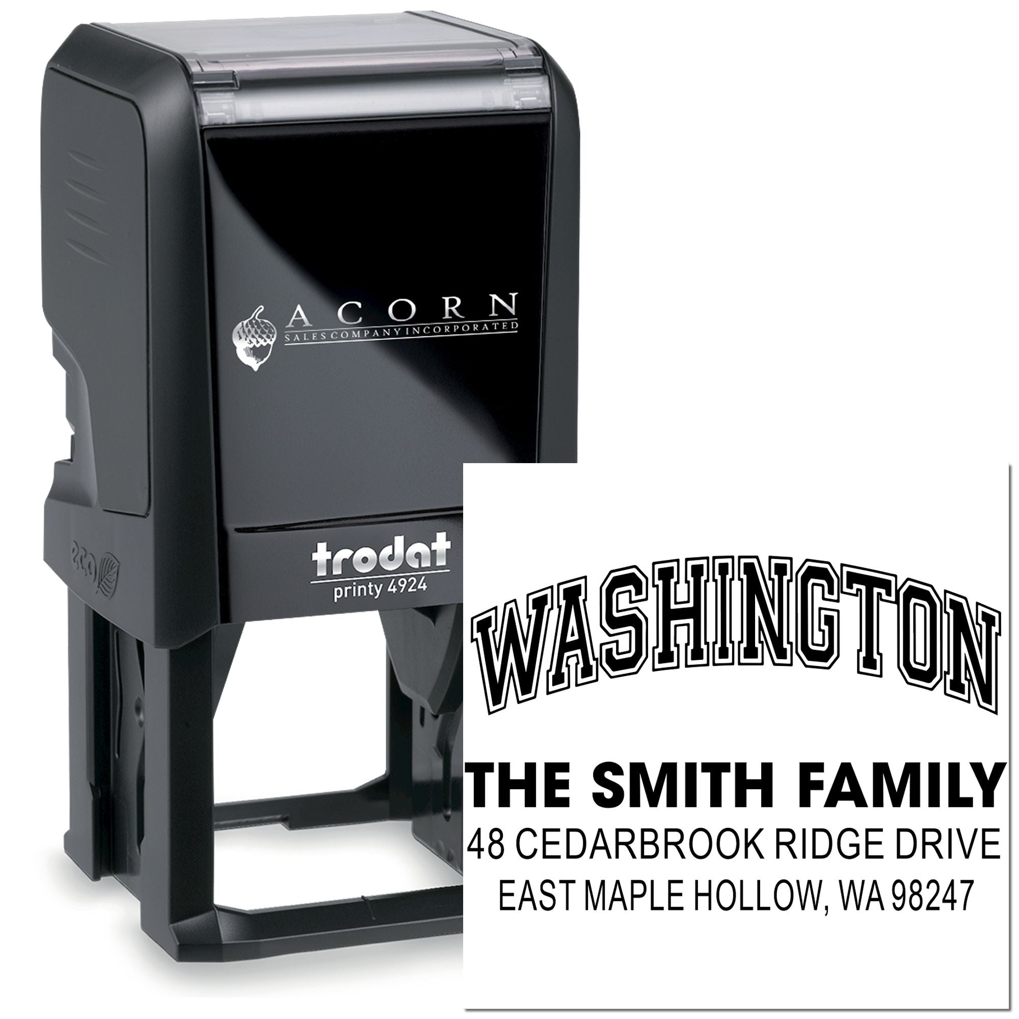 Custom self-inking return address stamp with Washington family name and address, shown alongside a black Trodat stamp on a white background.