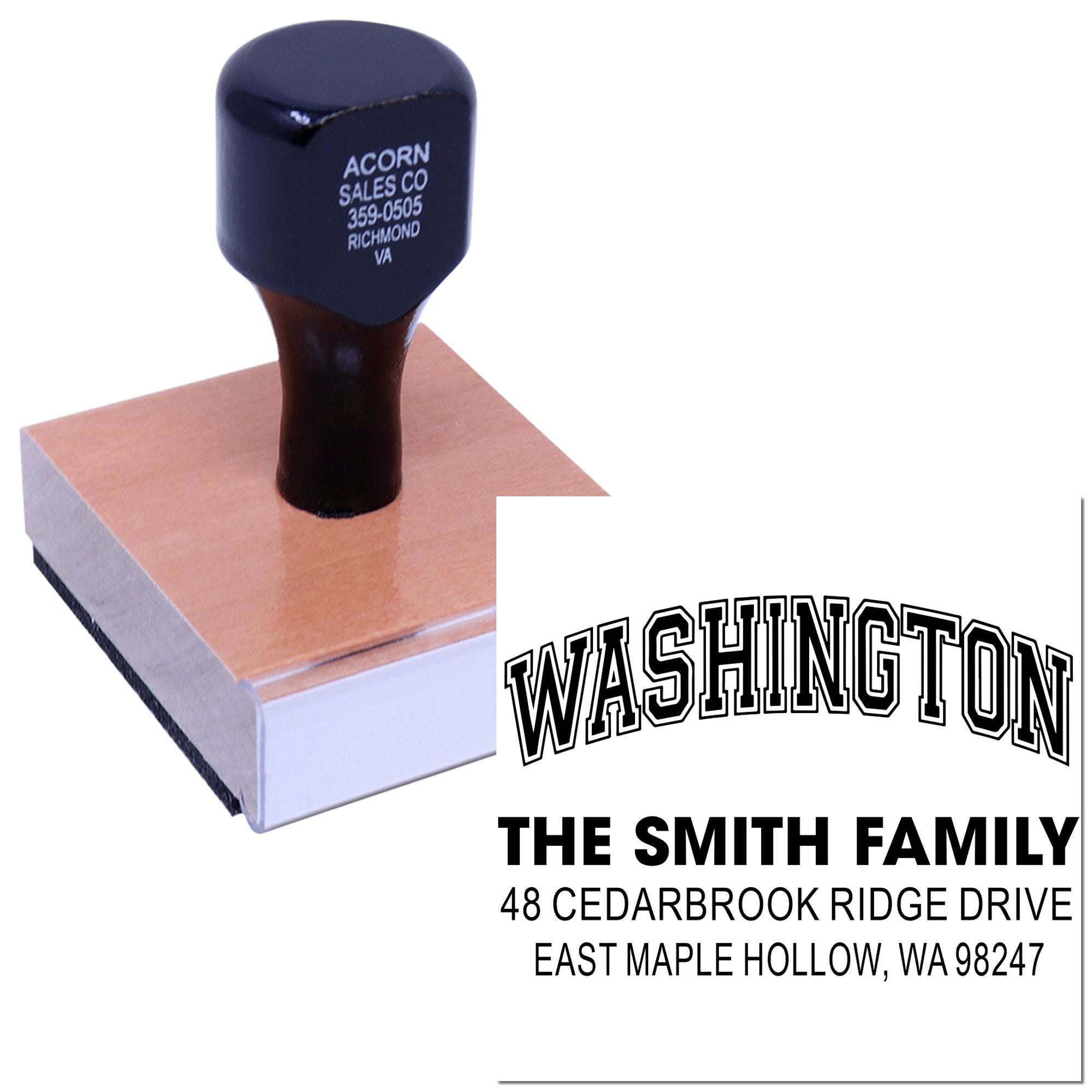 Personalized family address rubber stamp on wooden block, showing Washington imprint with Smith family name and custom logo on white background.