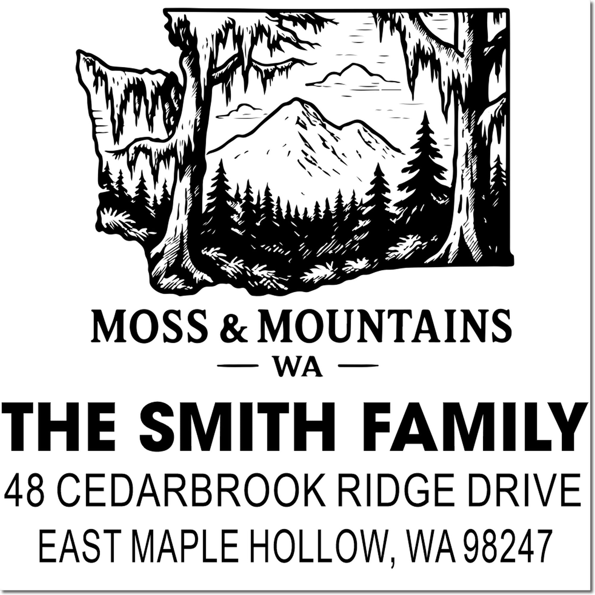 Personalized address stamp with Washington moss and mountains silhouette, pine forest, and The Smith Family name and East Maple Hollow, WA address.