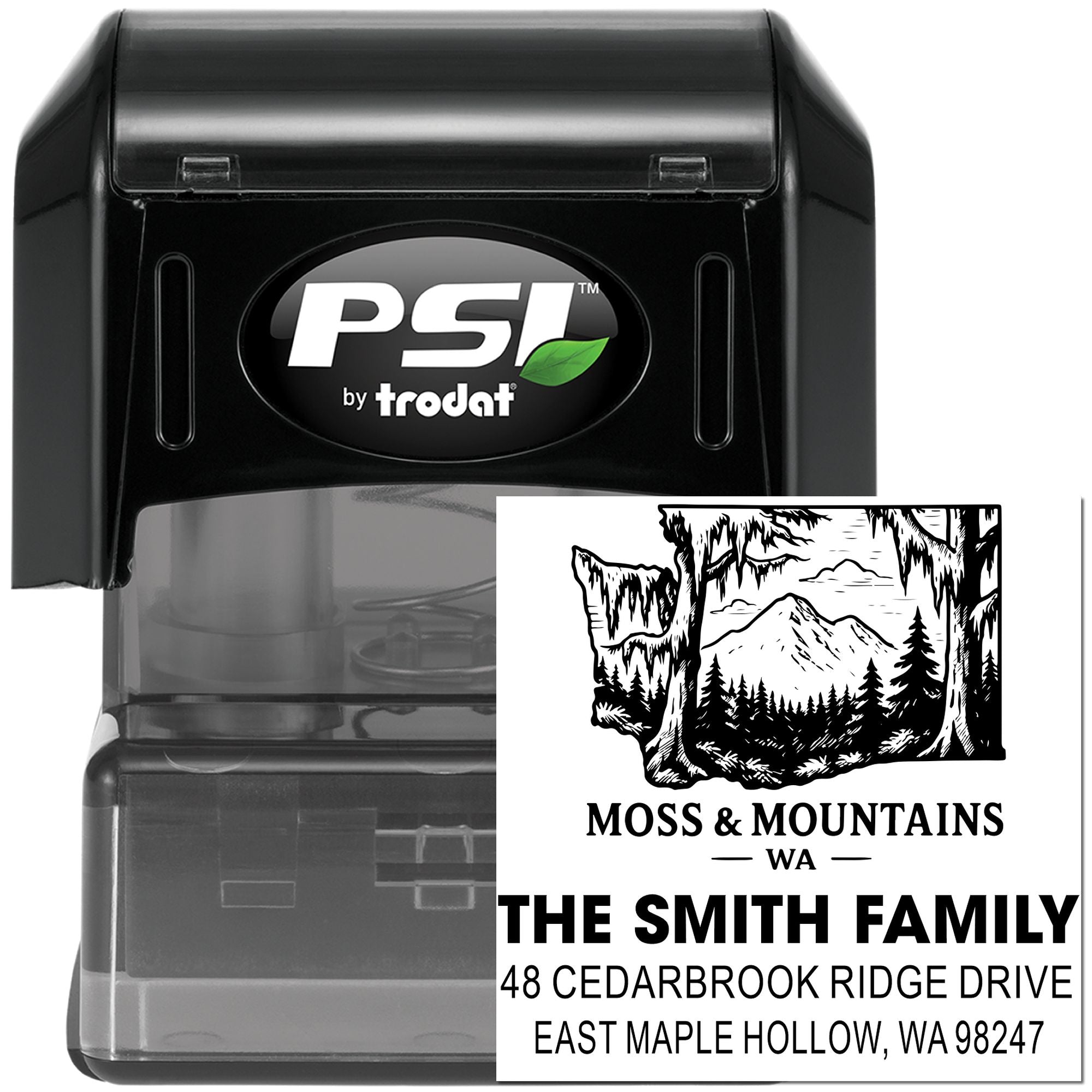 PSI by Trodat self-inking custom address stamp and Moss & Mountains WA stamp design with family name and return address on white background.