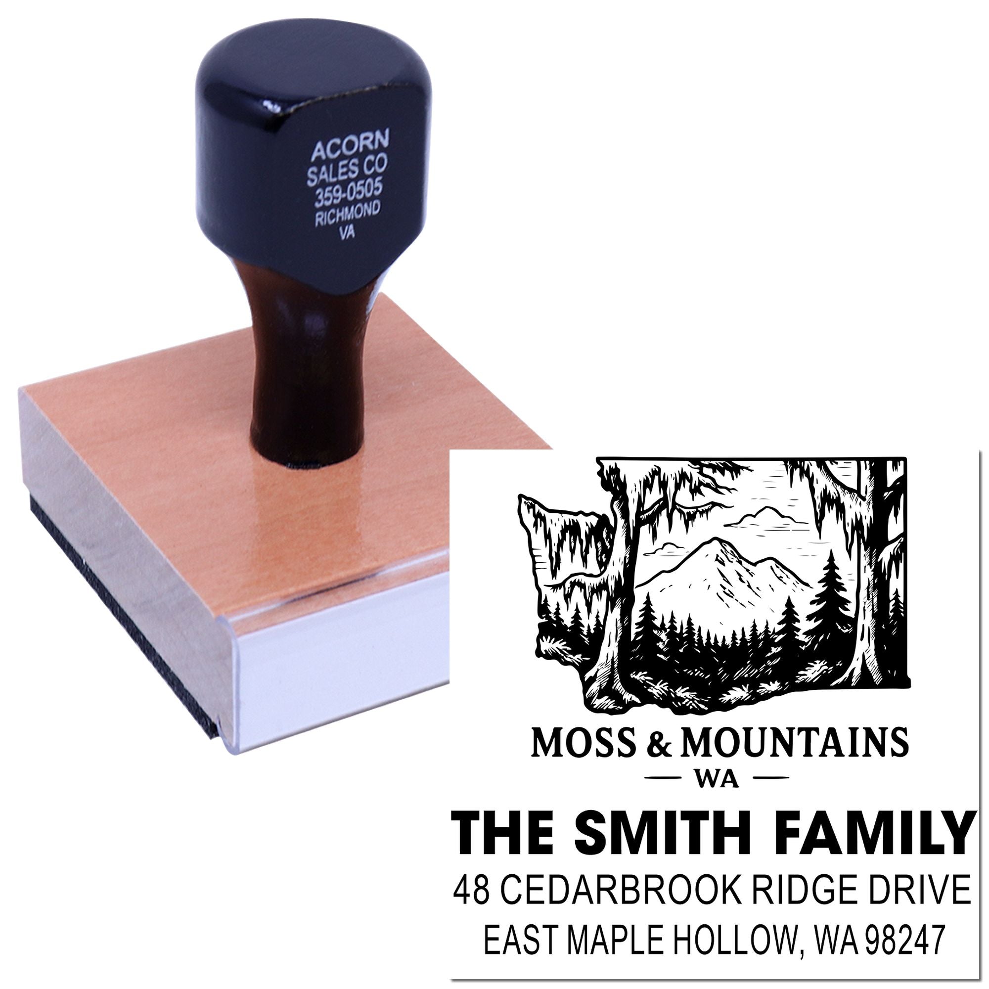 Custom return address stamp on wooden block, showing Moss & Mountains, WA and The Smith Family address on a clean white background.