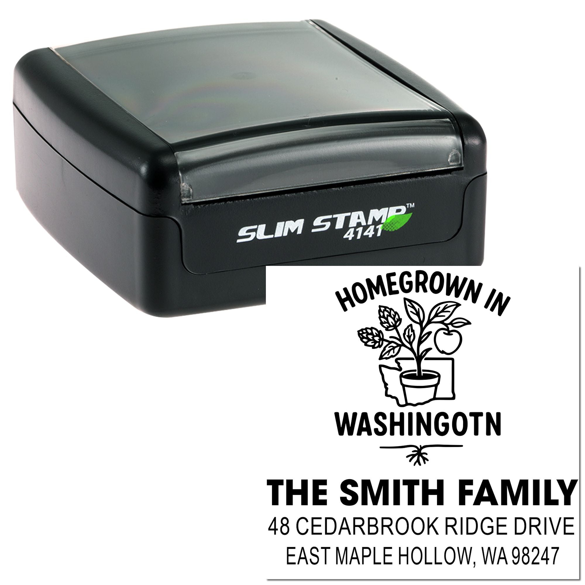 Custom self-inking Slim Stamp with Homegrown in Washington design and The Smith Family address imprint on white background.