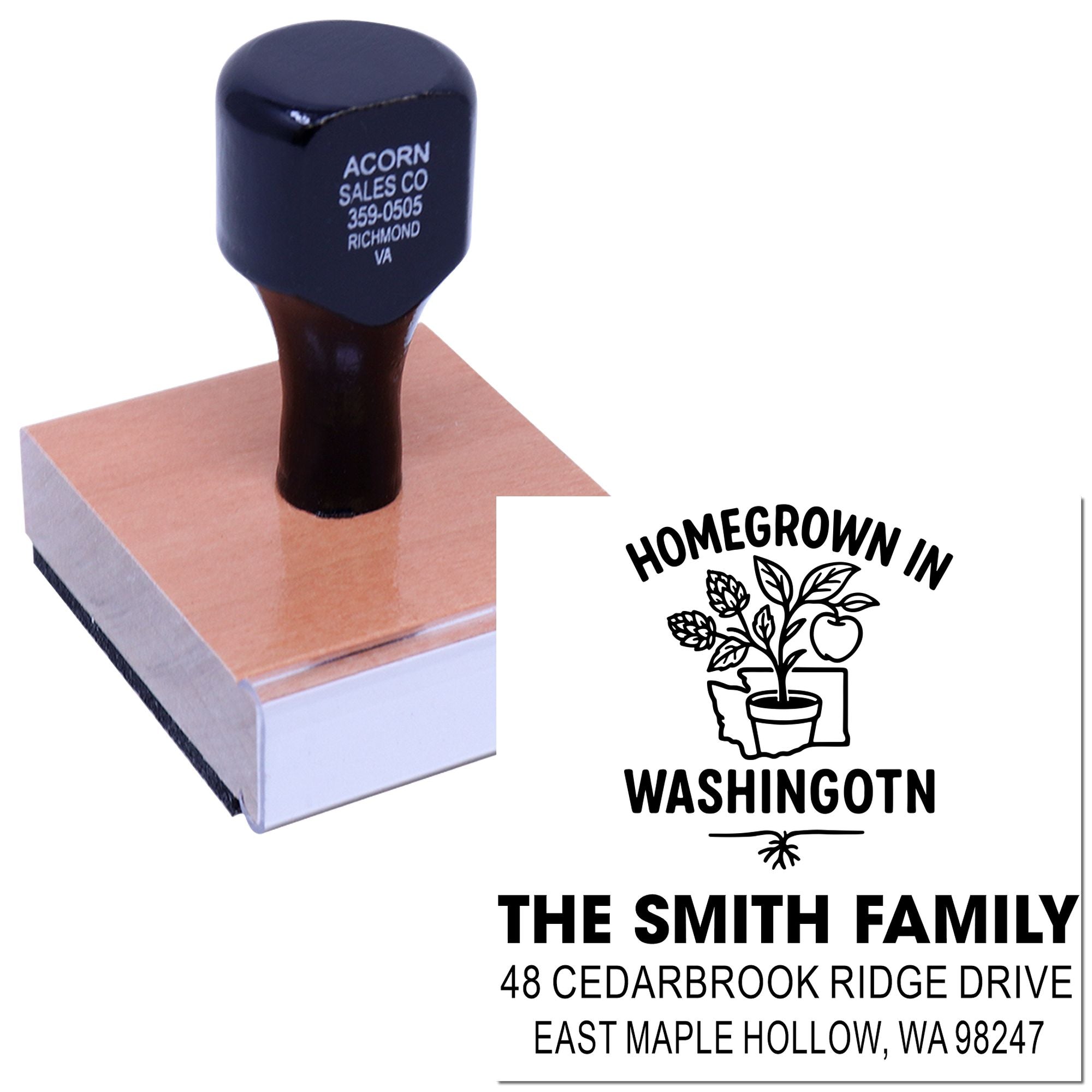 Custom rubber stamp on wooden mount with Homegrown in Washington family address design, shown beside its stamped impression on a white background.