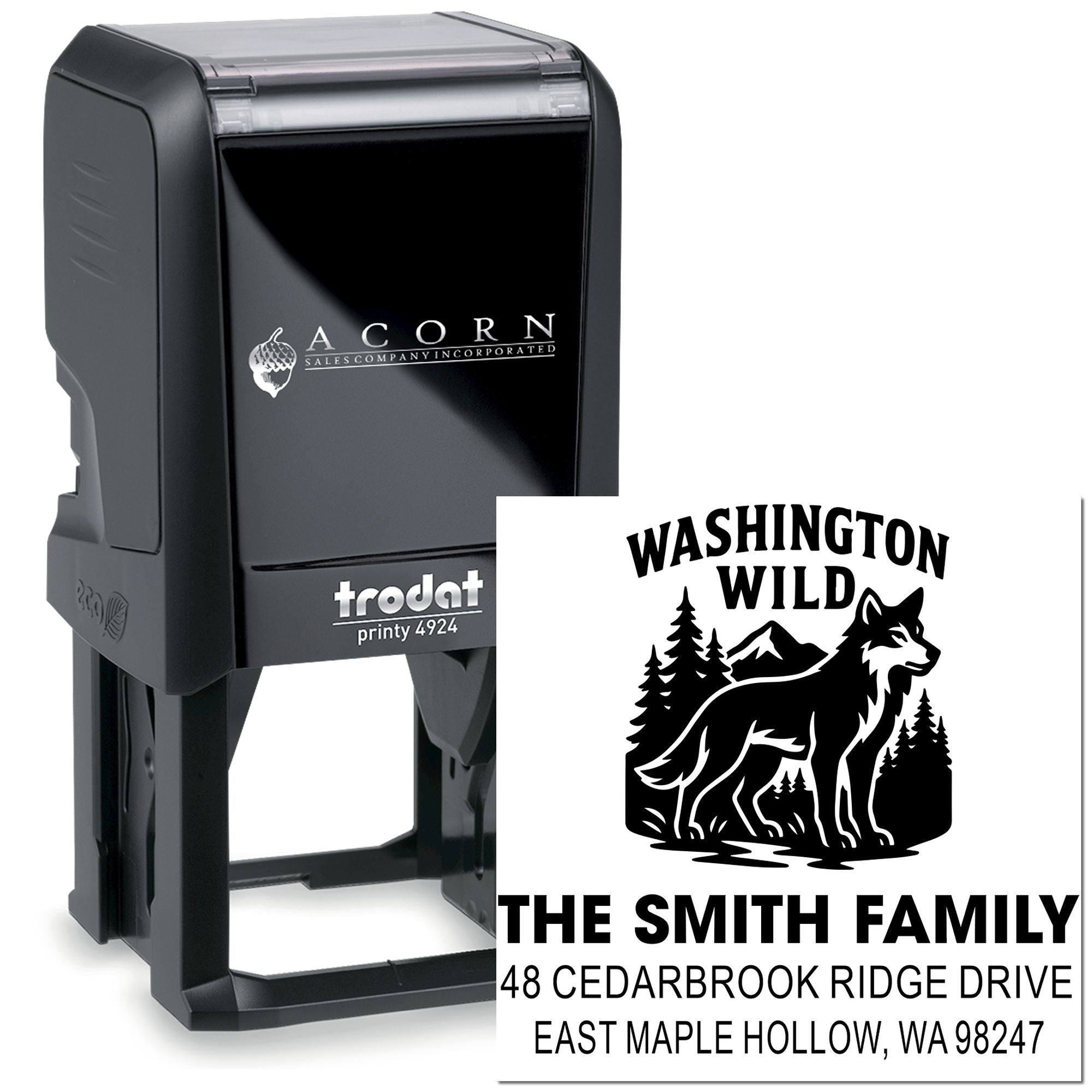 Custom self-inking Trodat address stamp with Washington Wild wolf design, The Smith Family name, and full mailing address on white background.