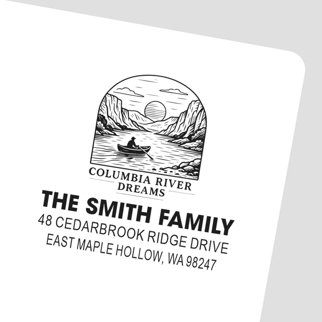 Custom address stamp with Columbia River Dreams canoe and mountain river scene for The Smith Family, 48 Cedarbrook Ridge Drive, East Maple Hollow, WA 98247.