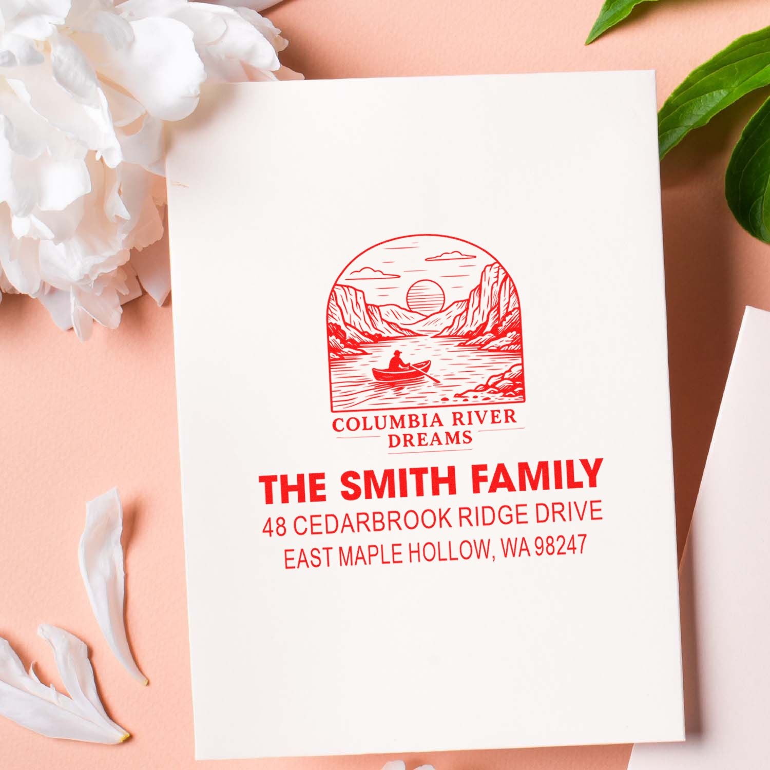 Custom return address stamp on white card with Columbia River Dreams landscape, The Smith Family name, and East Maple Hollow, WA address.