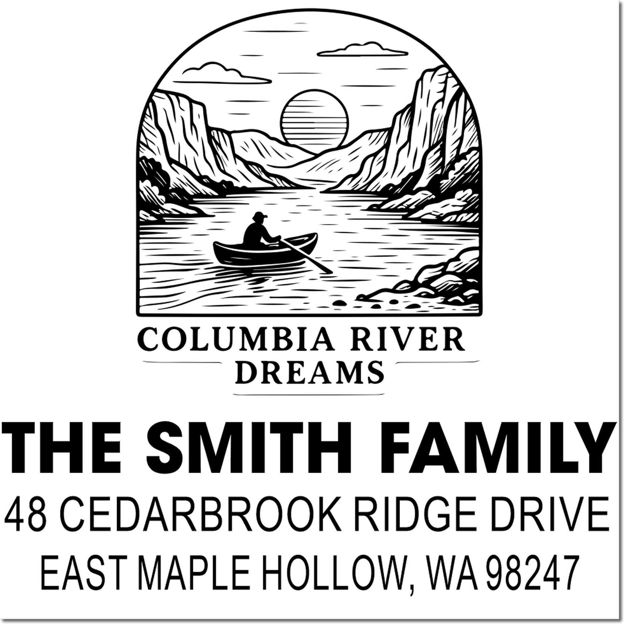 Custom address stamp with Columbia River Dreams canoe and canyon scene for The Smith Family, East Maple Hollow, WA.