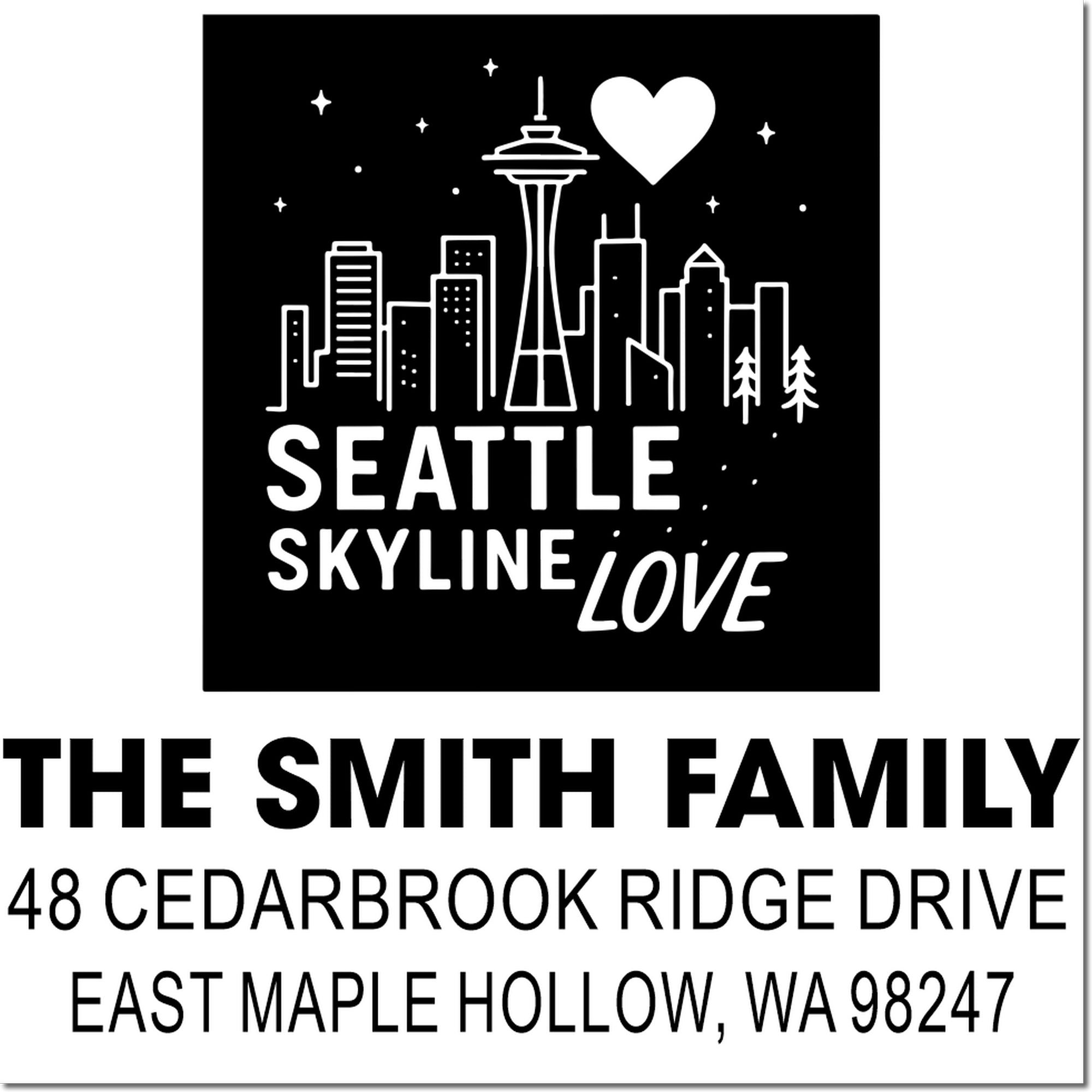 Custom Seattle skyline address stamp with Space Needle, heart, and cityscape, plus The Smith Family return address.
