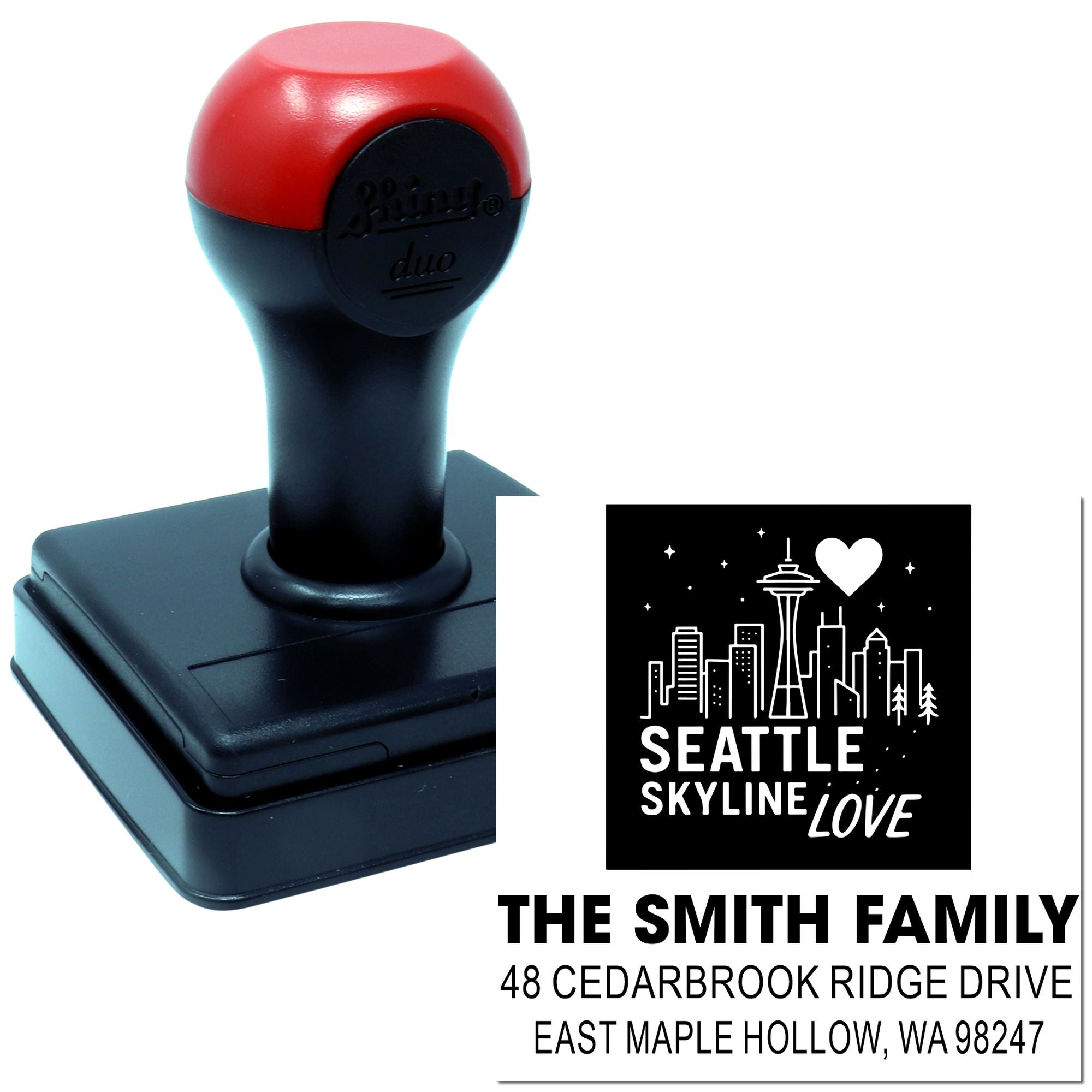 Custom self-inking Seattle skyline address stamp with Love design, The Smith Family return address, shown on a white background.
