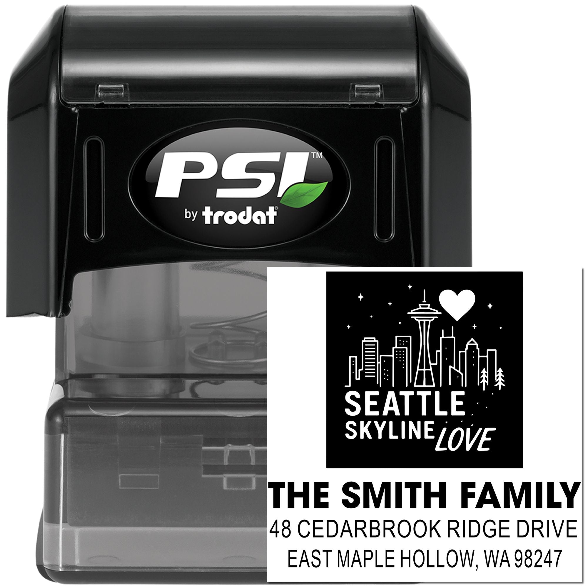 PSI by trodat self-inking stamp with Seattle skyline love design and custom Smith family address on white background.