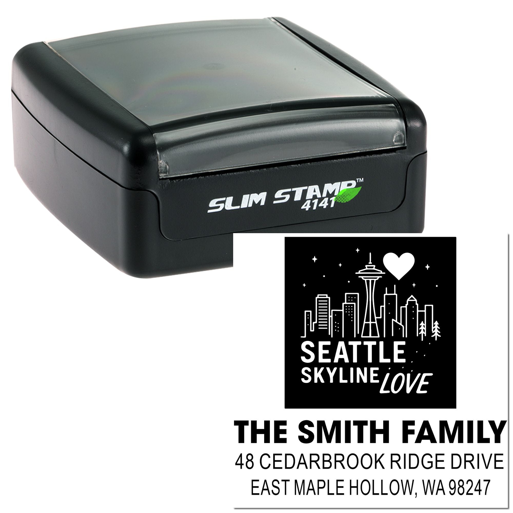 Personalized self-inking stamp with Seattle Skyline Love design, showing The Smith Family return address on a clean product mockup.