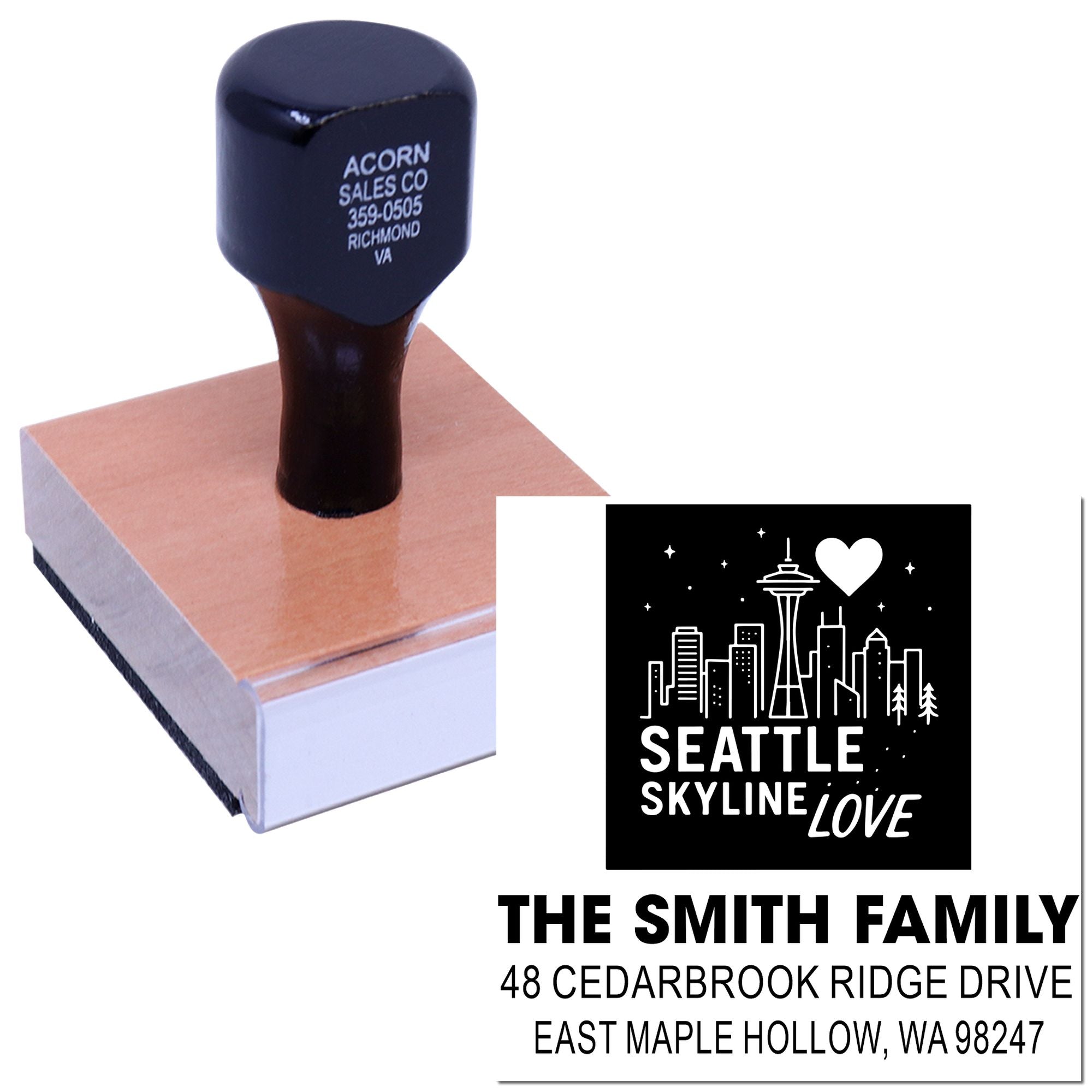 Custom self-inking rubber stamp on wooden base with Seattle skyline love design and The Smith Family return address imprint.