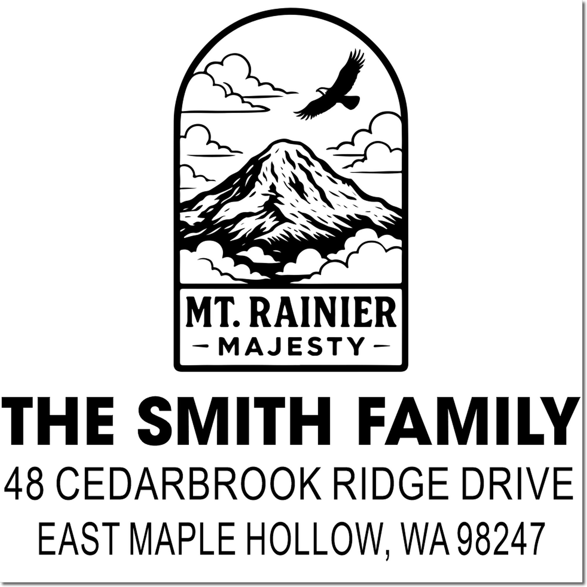 Custom Mt. Rainier Majesty address stamp with eagle, mountain and clouds, featuring The Smith Family and East Maple Hollow, WA 98247.