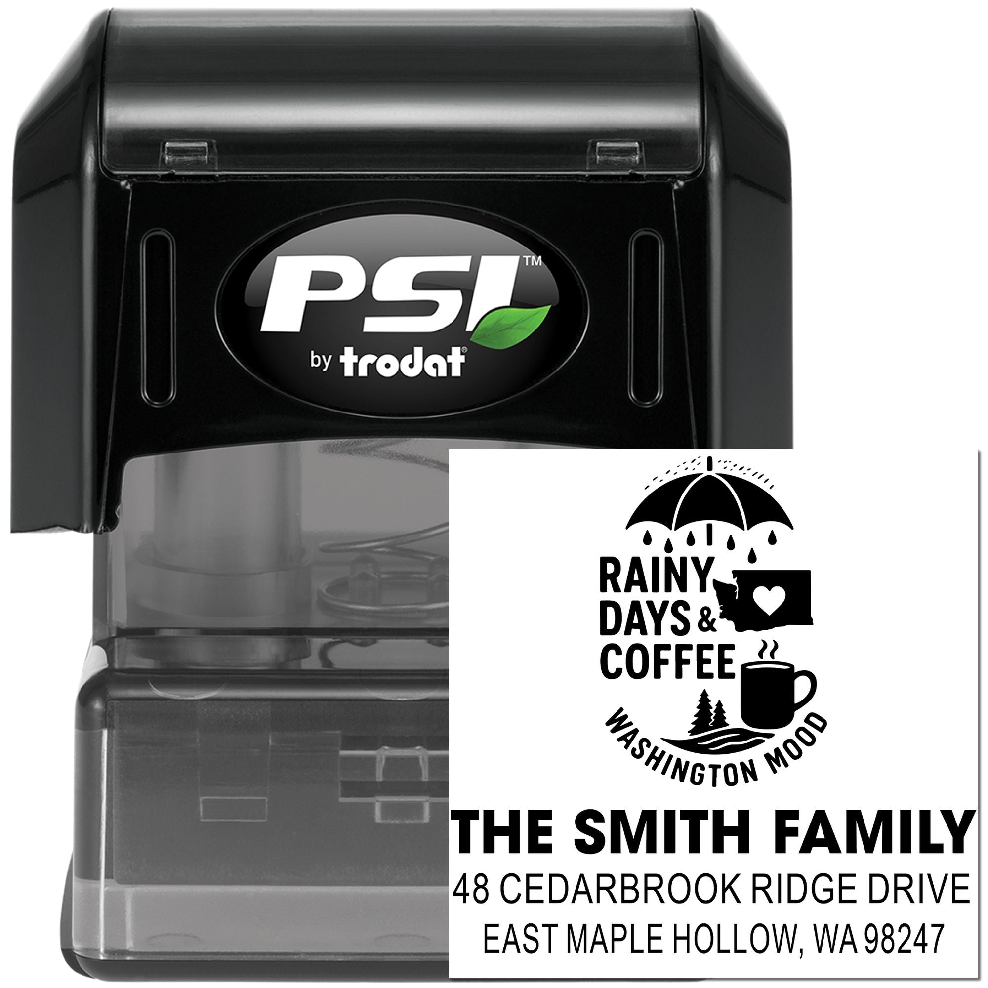 PSI by Trodat self-inking custom address stamp with Rainy Days & Coffee Washington design and The Smith Family return address on a white background.