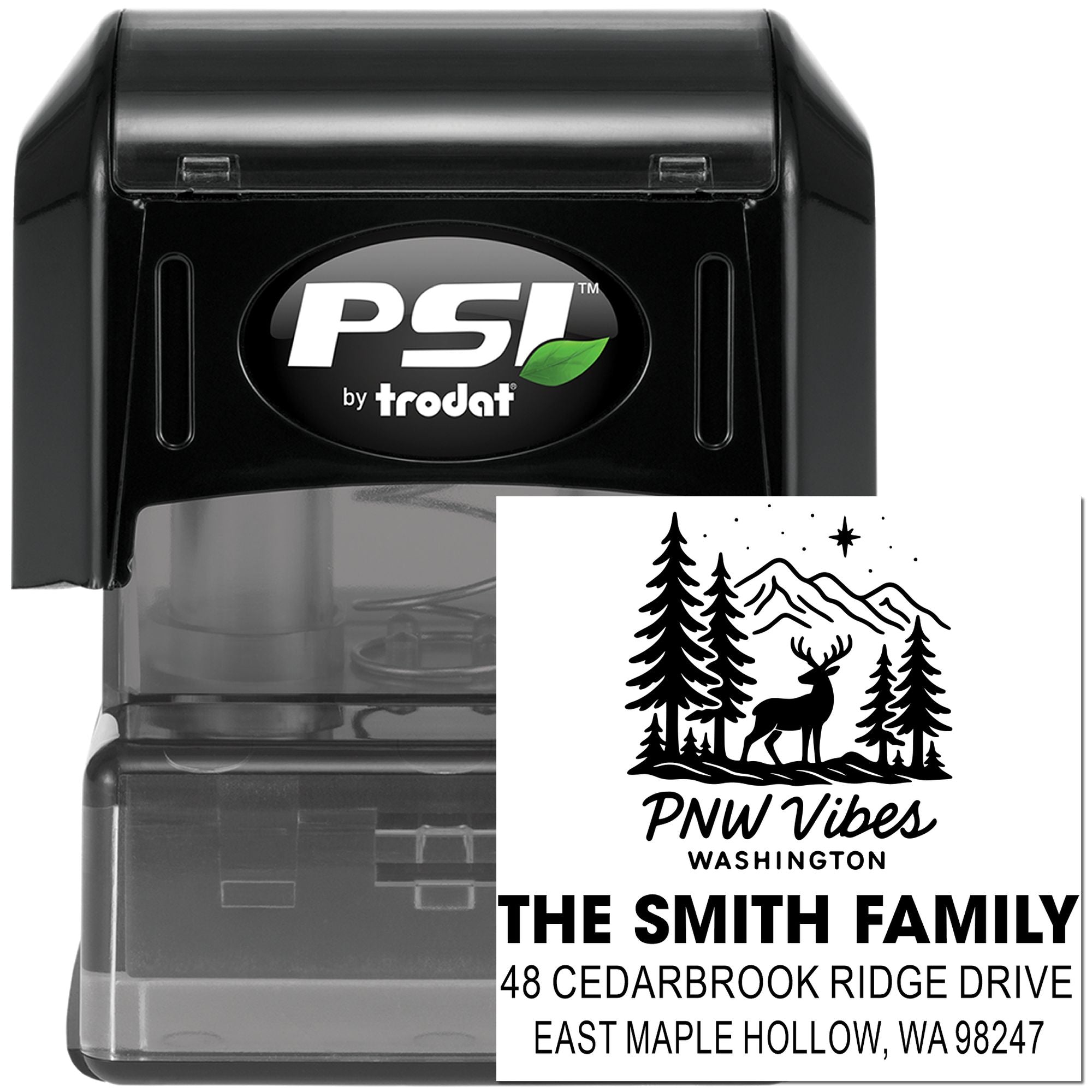 PSI by Trodat self-inking custom address stamp with PNW Vibes Washington deer and pine tree design on a white background